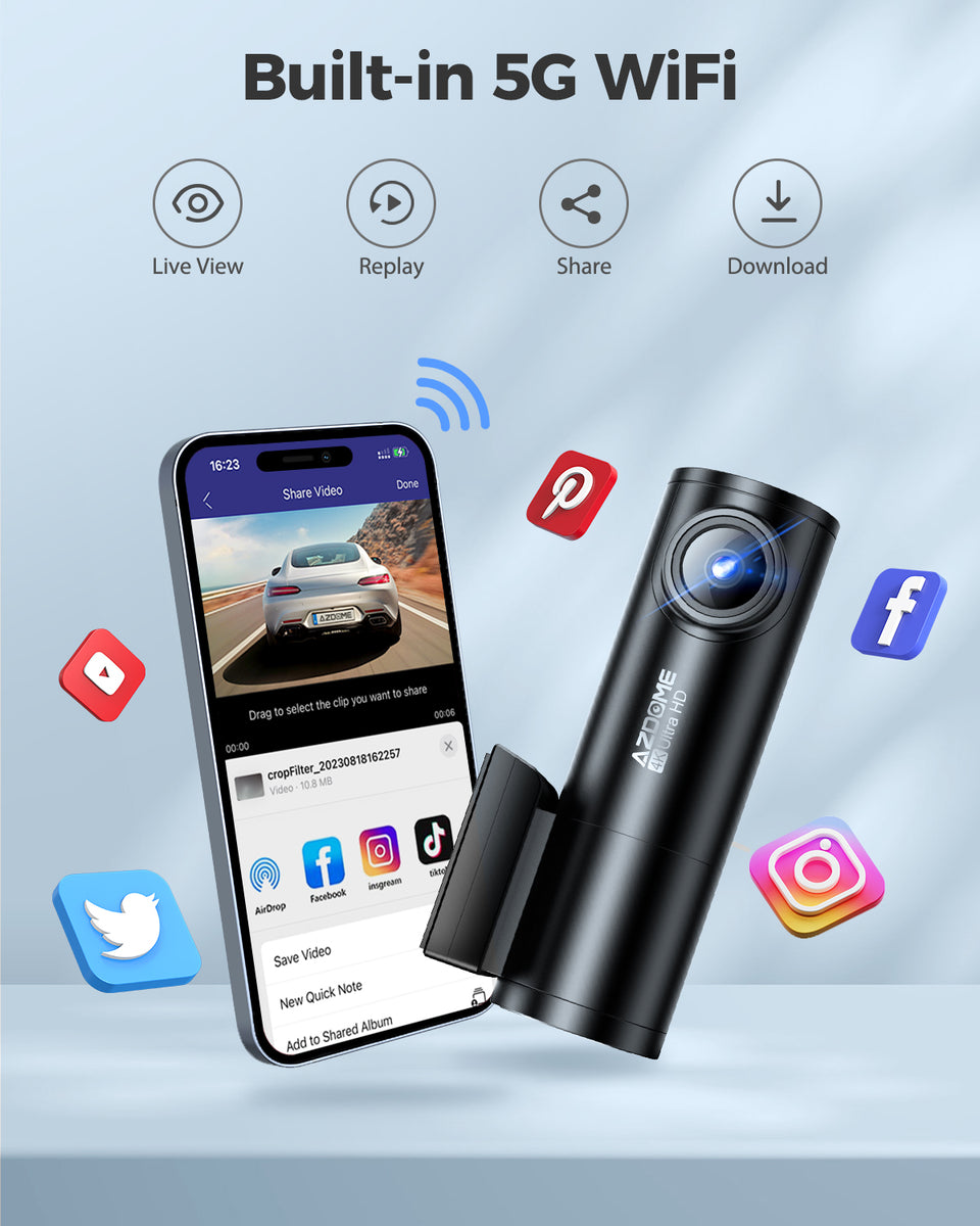 AZDOME WiFi 4K Dash Cam Front and Rear, 4K+1080P Dual Dash Camera for Car,  Free 64GB Card, Motion Detection 24H Parking Mode Dashboard Camera Built-in