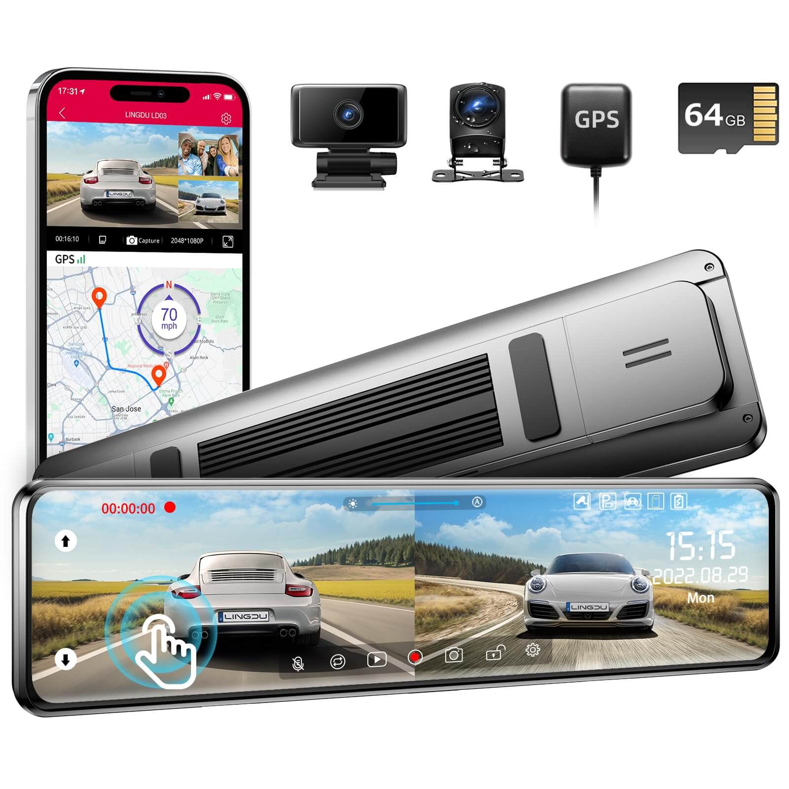 LINGDU LD03 2CH Mirror Dash Cam FHD 1080P with 12