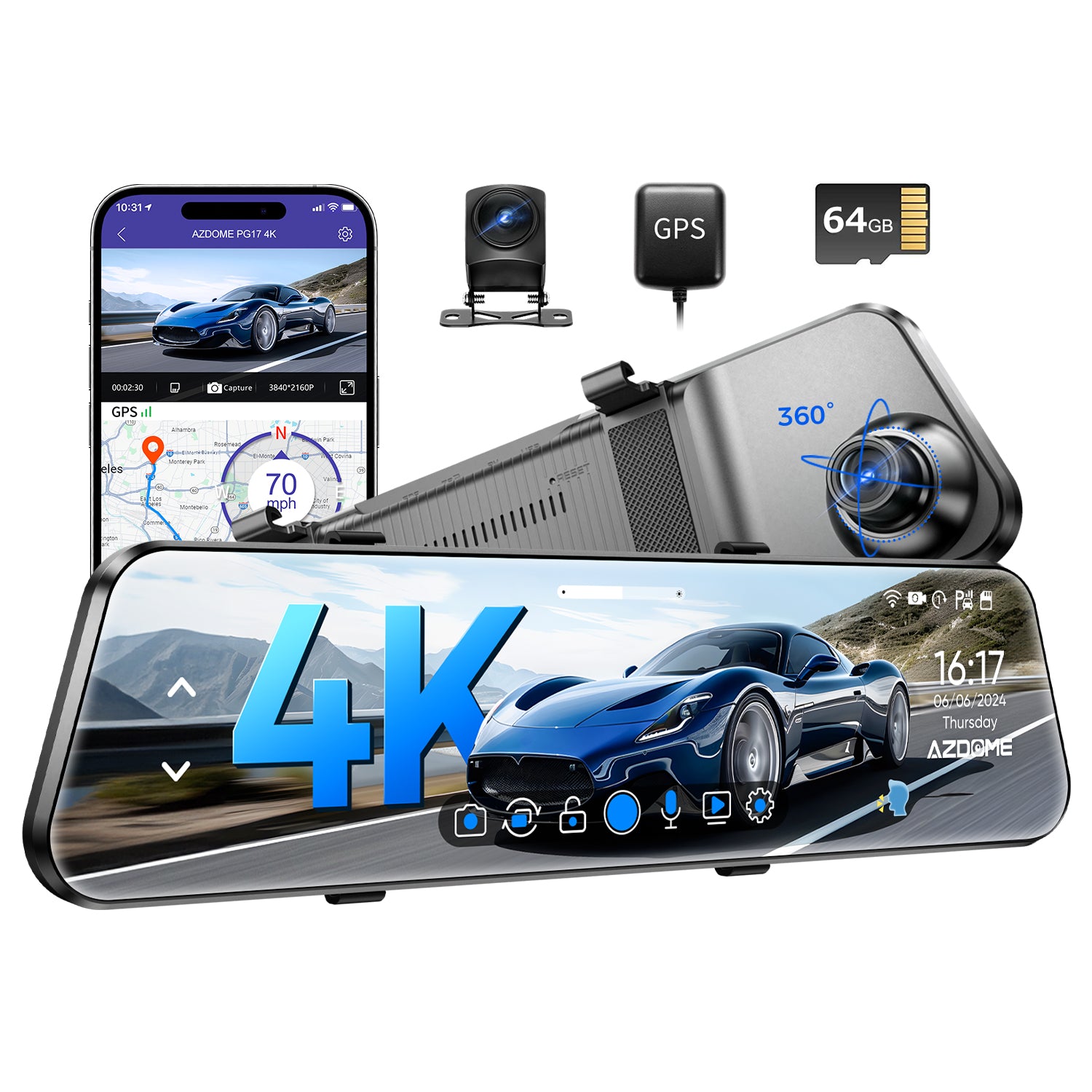 AZDOME PG17 2CH Mirror Dash Cam 4K with 12" Touch Screen 24H Parking Mode - AZDOME Official Stores