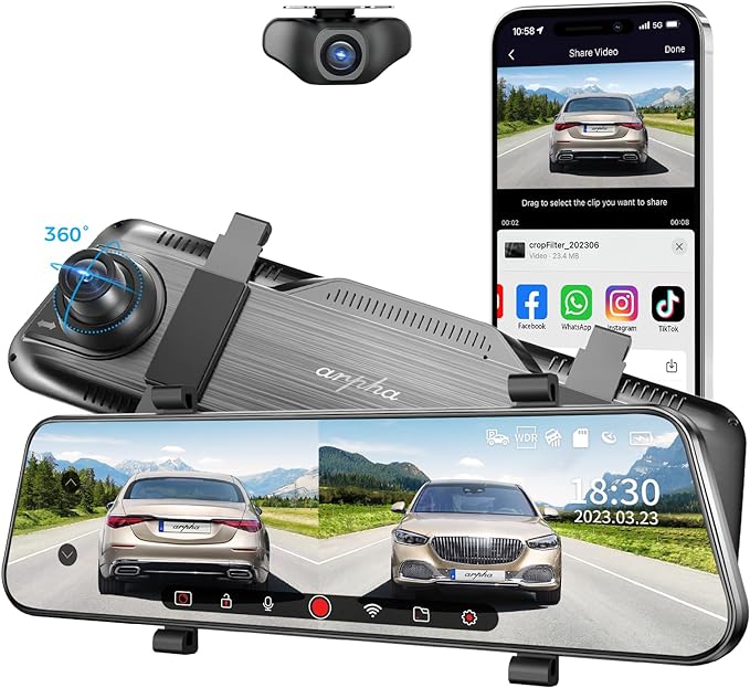 Arpha E22 2CH Mirror Dash Cam 2K 10" Touch Screen with 24H Parking Mode