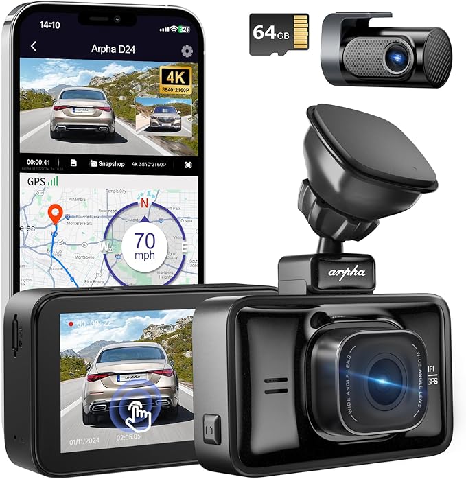 Arpha D24 2CH Dash Cam 4K with Smart Voice Control 3'' Touch Screen