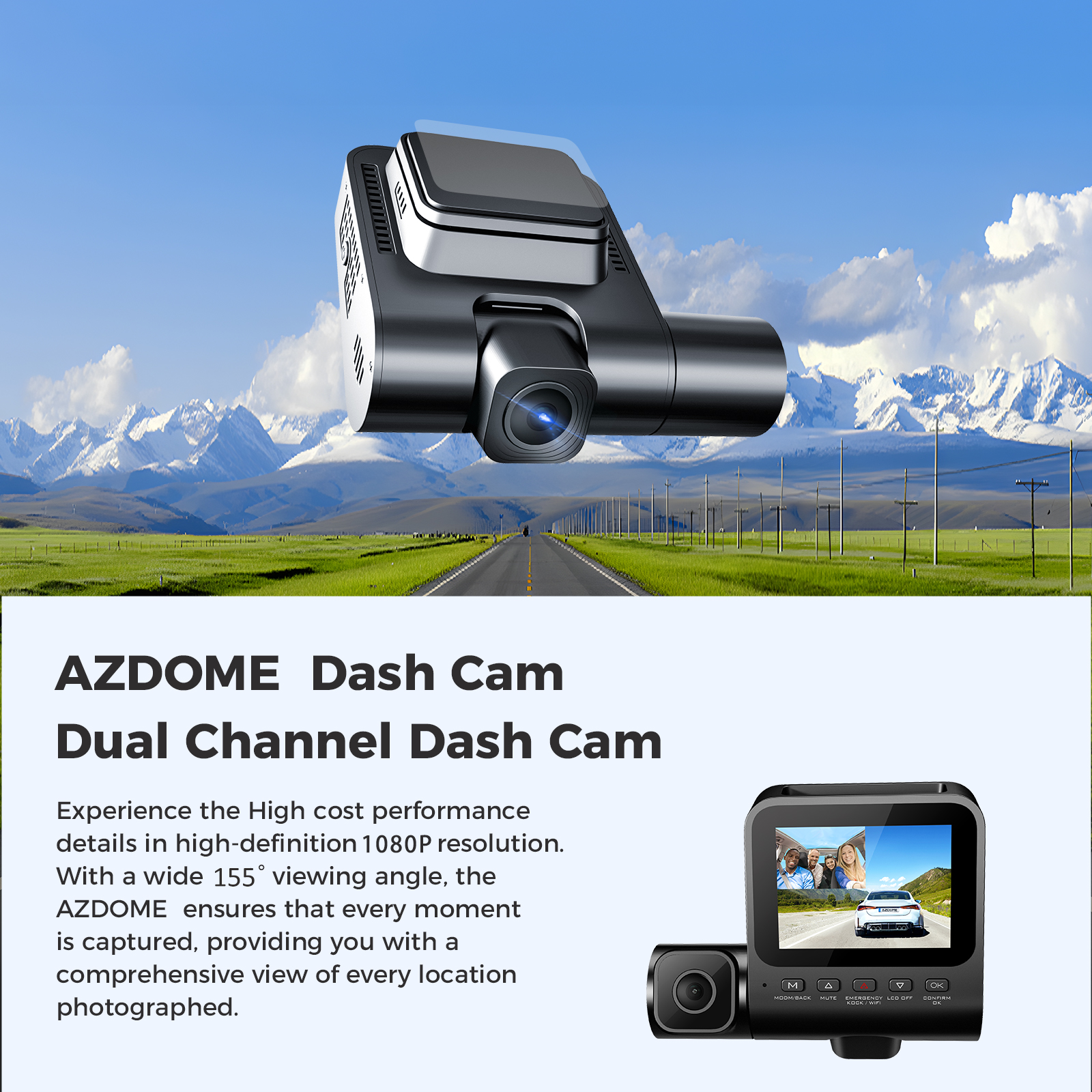 AZDOME V600 Dual Dash Cam Front and Rear, 1080P FHD Dashboard Camera, 2.4" IPS Screen Dashcam, Waterproof Backup Camera Night Vision, 24H Parking Monitor, G-Sensor Wide Angle Dual Lens Dashcam