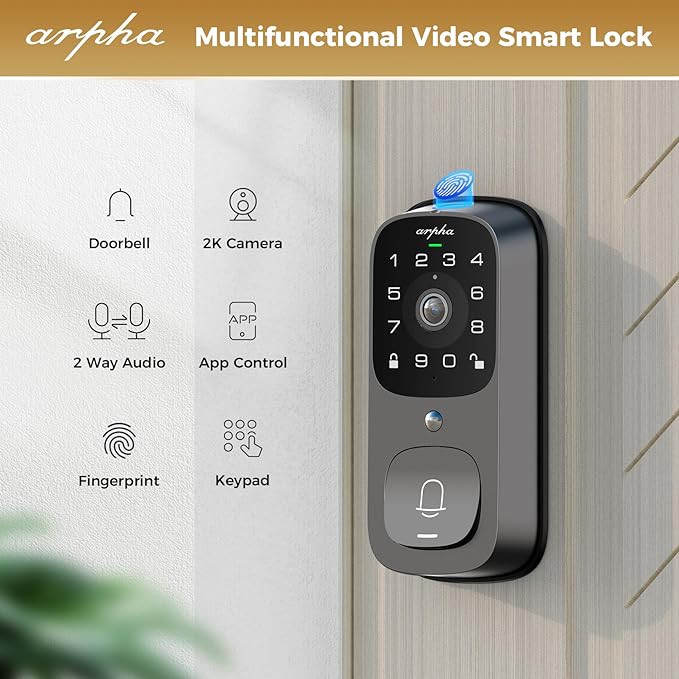 Arpha AL501 Smart Door Lock with 2K Video Camera Wi-Fi Two-Way Audio Motion Detection