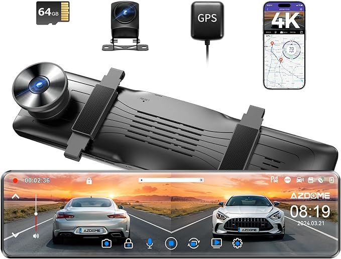 AZDOME PG19X 2CH Mirror Dash Cam 4K with 12" Touch Screen 24H Parking Mode