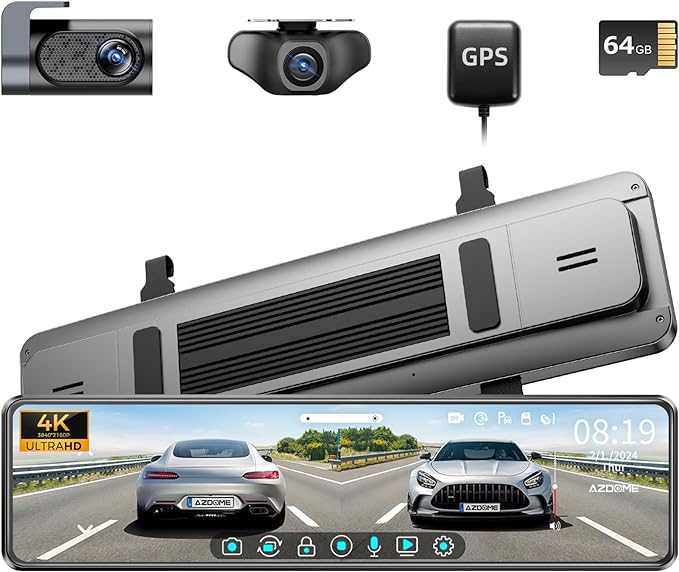 AZDOME PG18S 2CH Mirror Dash Cam 4K with 12" Touch Screen WDR Night Vision Parking Assistance