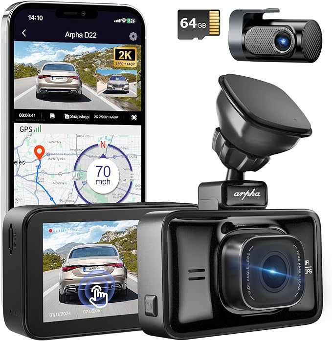 Arpha D22 2CH Dash Cam 2K with Smart Voice Control 3'' Touch Screen