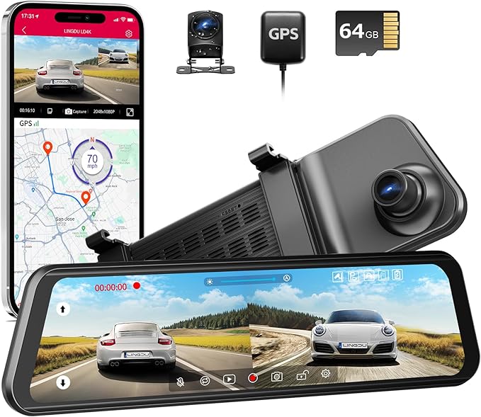 LINGDU LD4K 2CH Mirror Dash Cam 4K with 11.8" Touch Screen Voice Control 24H Parking Mode