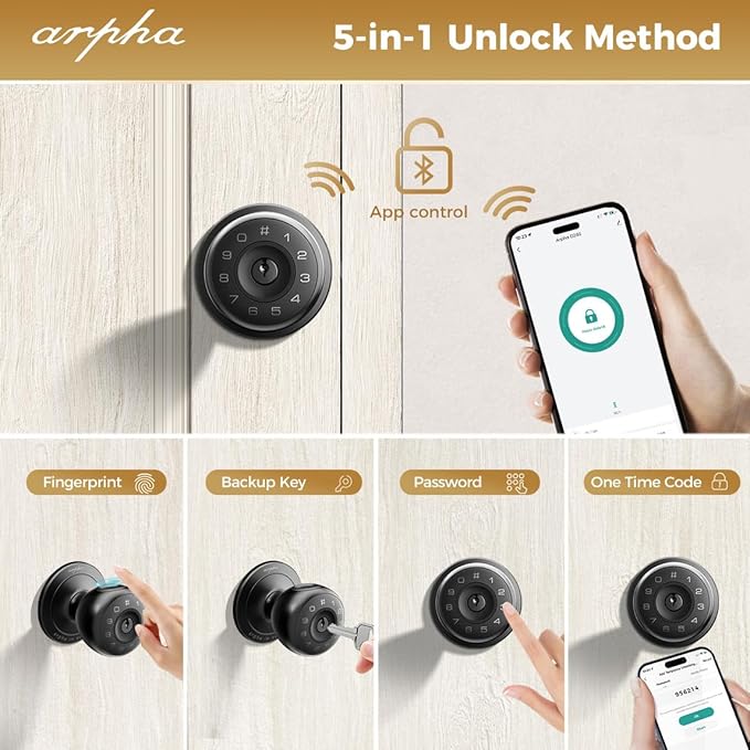 Arpha D260 Smart Fingerprint Door Knob Keyless Entry Door Lock with App Control - AZDOME Official Stores