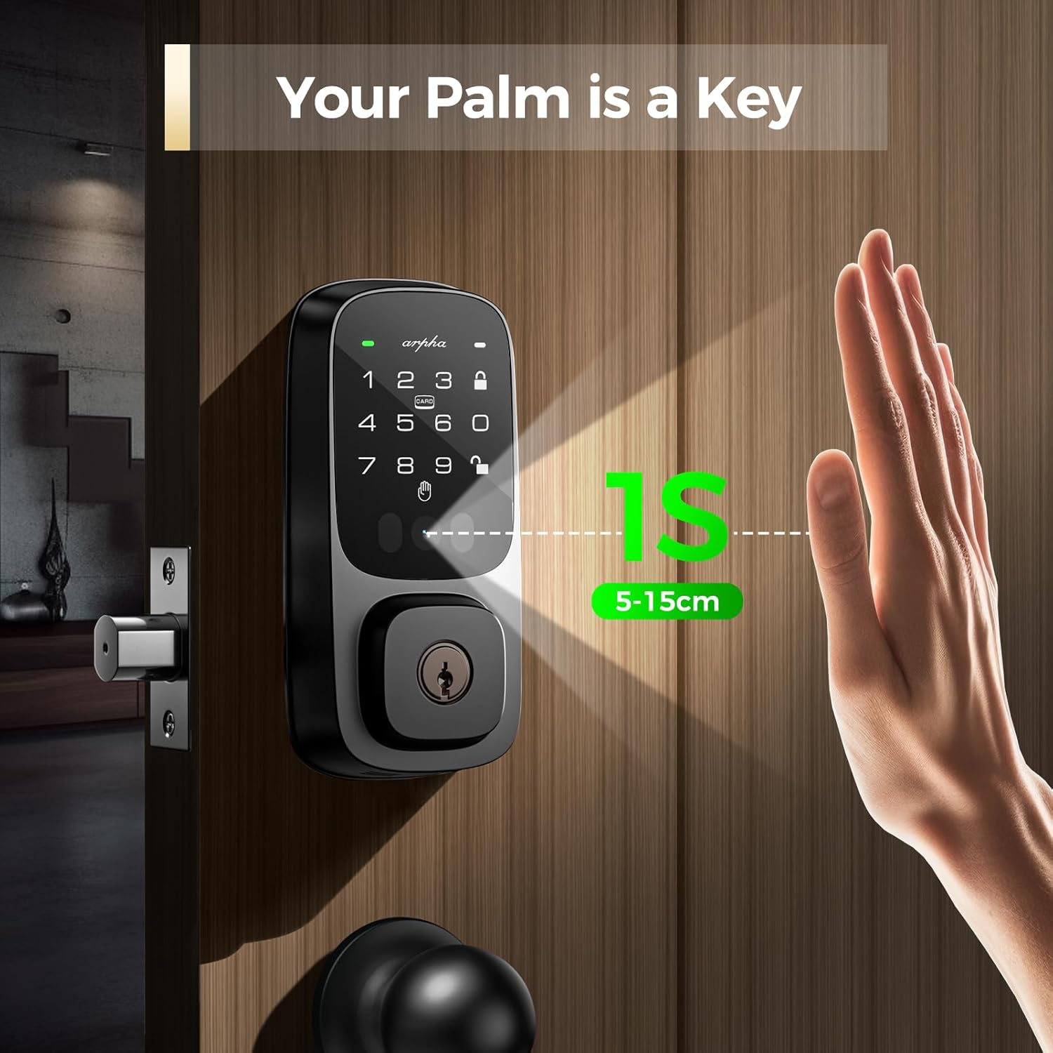 Arpha SP300 Palm Recognition Keyless Entry Door Lock with Handle, WiFi Smart Lock for Front Door, Palm Recognition Front Door Lock Set, Built-in Wi-Fi Deadbolt, App Remote Control, Auto Lock