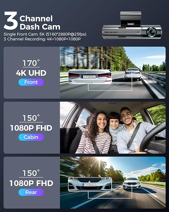 LINGDU LD08 3CH Dash Cam 5K with 128GB eMMC ADAS Voice Control 24H Parking Mode No Battery