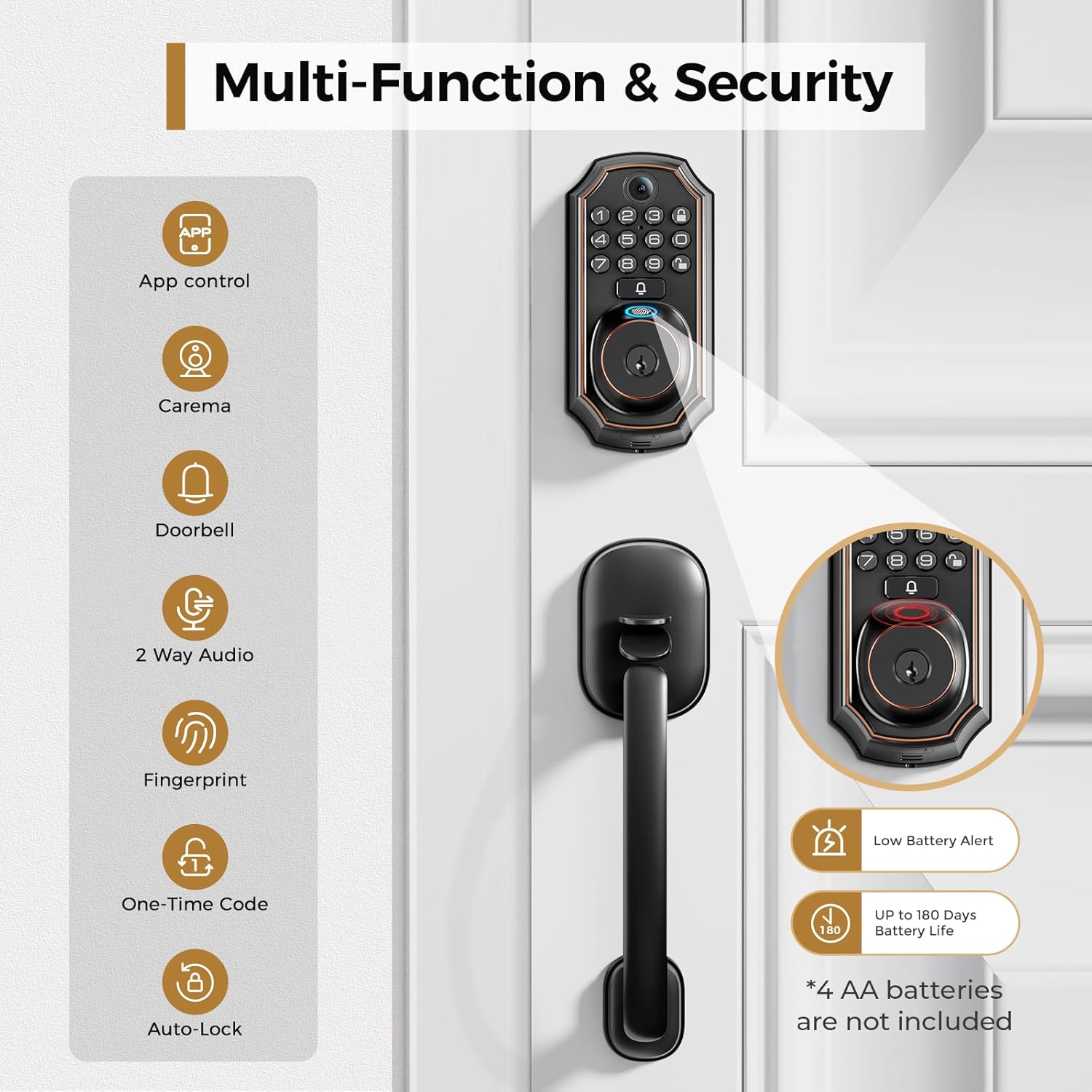 Arpha D289 Keyless Door Lock Deadbolt with Handle Set - WiFi Door Lock with Camera - 5 in 1 Camera+Doorbell+Fingerprint Keyless Entry Door Lock