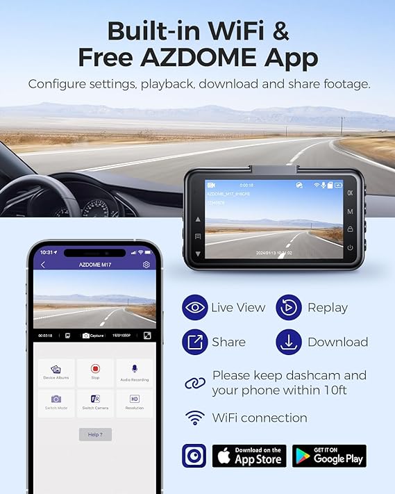 AZDOME M17 1CH Dash Cam 1080P with ADAS 3" Screen 24H Parking Mode
