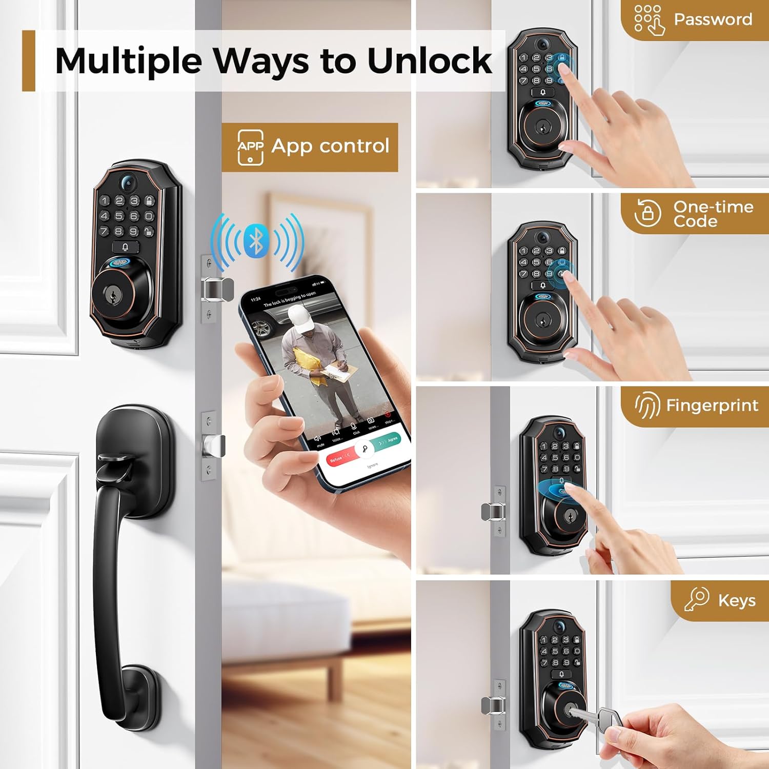 Arpha D289 Keyless Door Lock Deadbolt with Handle Set - WiFi Door Lock with Camera - 5 in 1 Camera+Doorbell+Fingerprint Keyless Entry Door Lock