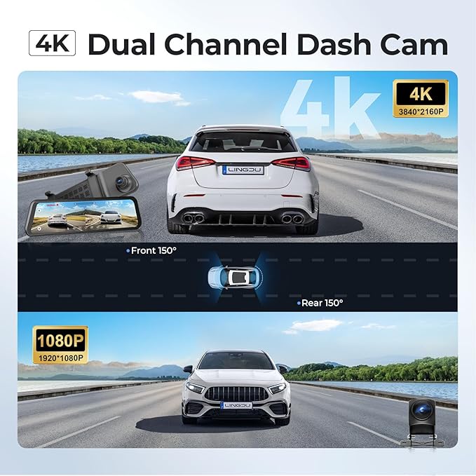 LINGDU LD4K 2CH Mirror Dash Cam 4K with 11.8" Touch Screen Voice Control 24H Parking Mode