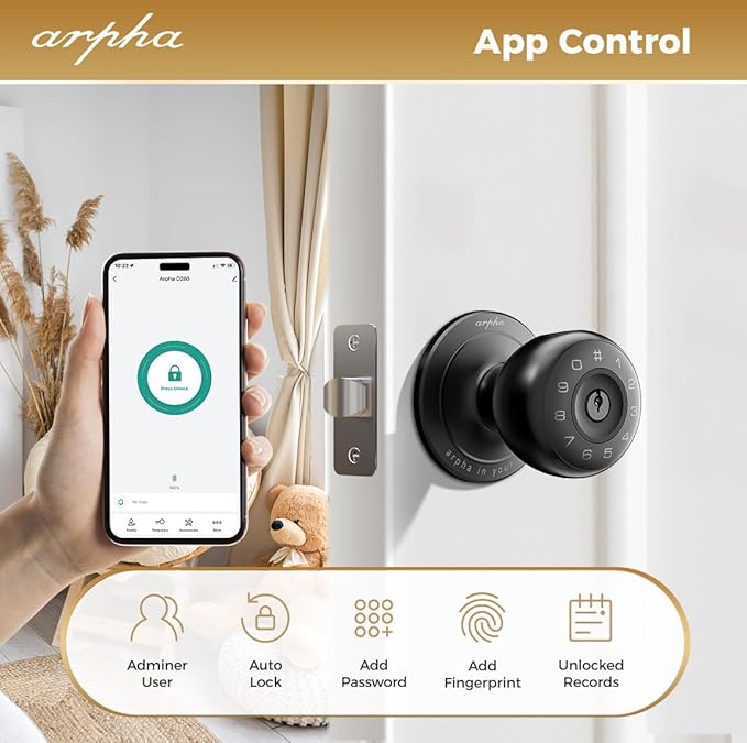 Arpha D260 Smart Fingerprint Door Knob Keyless Entry Door Lock with App Control - AZDOME Official Stores