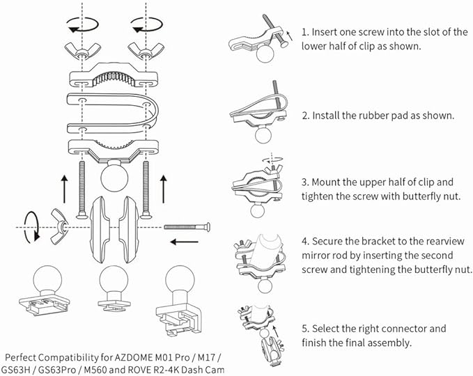 Dash Cam Mirror Mount Holder Kit, Dash Cam Mount for Rove R2-4K Dashcam, AZDOME M01 Pro, M17, M16, GS63H Dash Cam