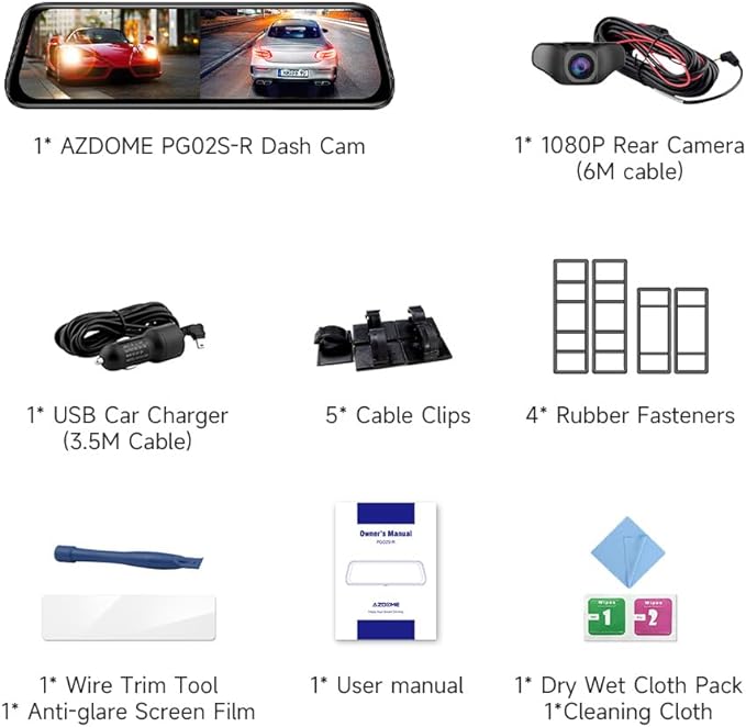 AZDOME PG02S-R 2CH Mirror Dash Cam 2.5K with 10" Touch Screen Parking Assistance