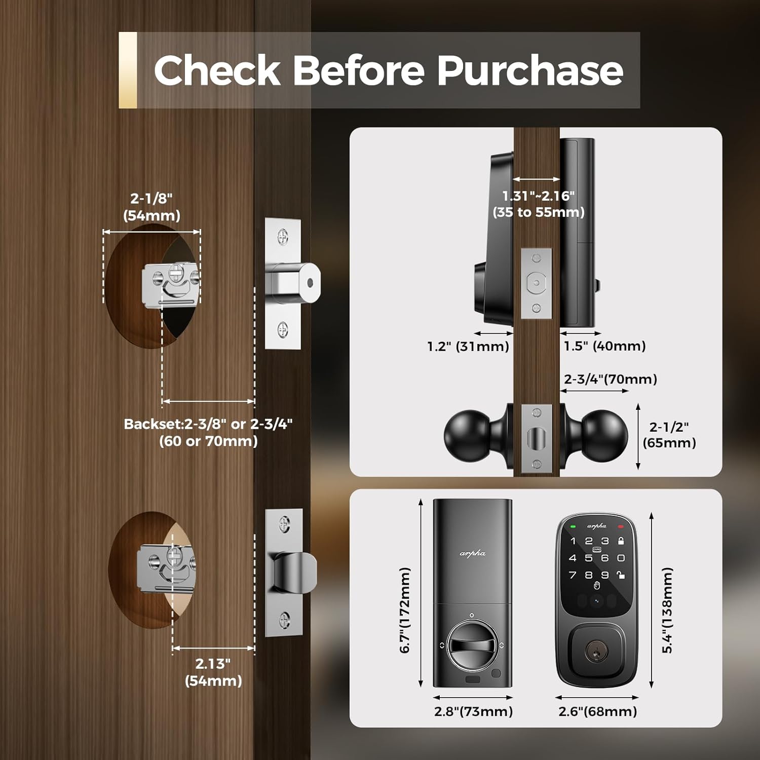 Arpha SP300 Palm Recognition Keyless Entry Door Lock with Handle, WiFi Smart Lock for Front Door, Palm Recognition Front Door Lock Set, Built-in Wi-Fi Deadbolt, App Remote Control, Auto Lock