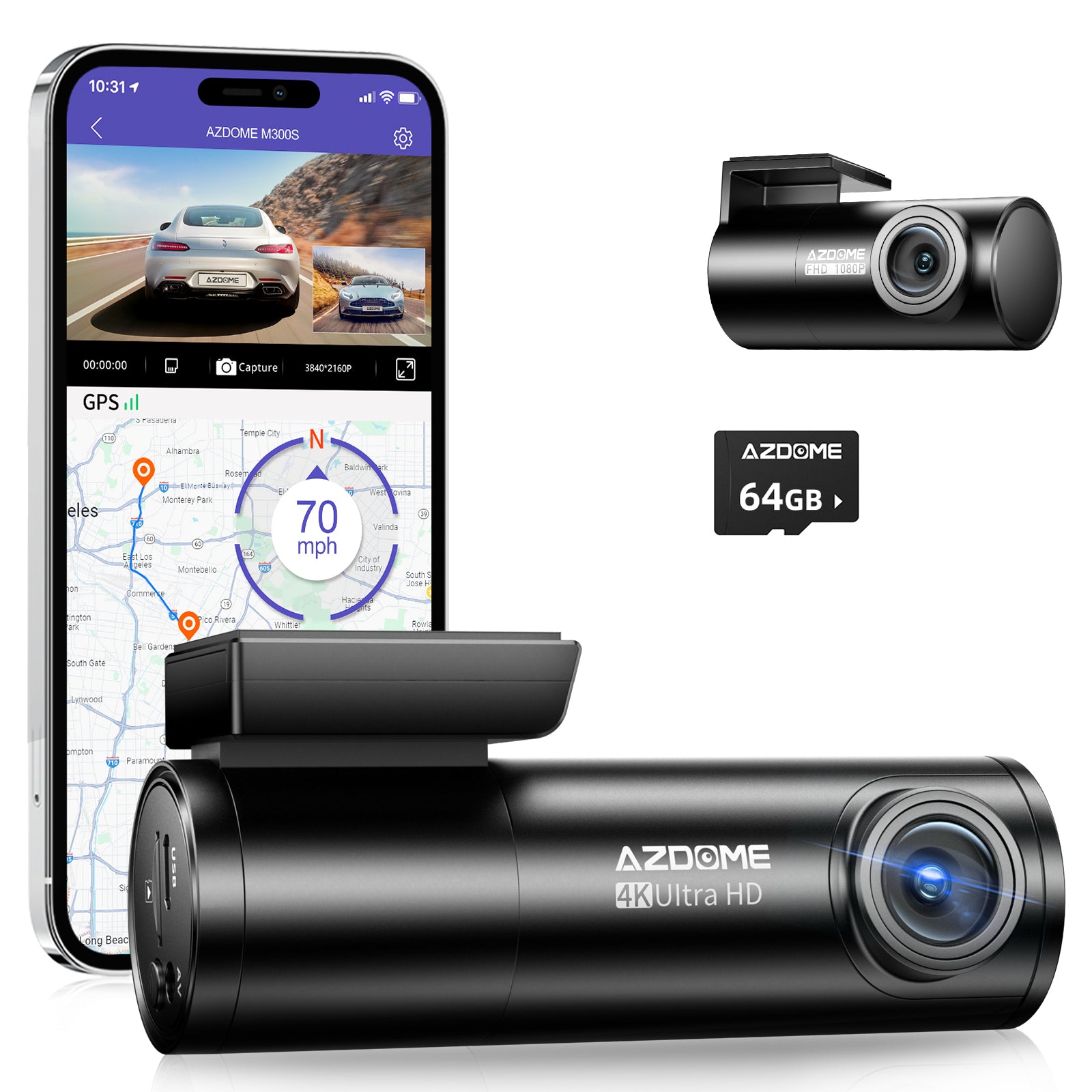 AZDOME M300S 2CH Dashcam 4K 170° Wide Angle Voice Control 24H Parking Mode