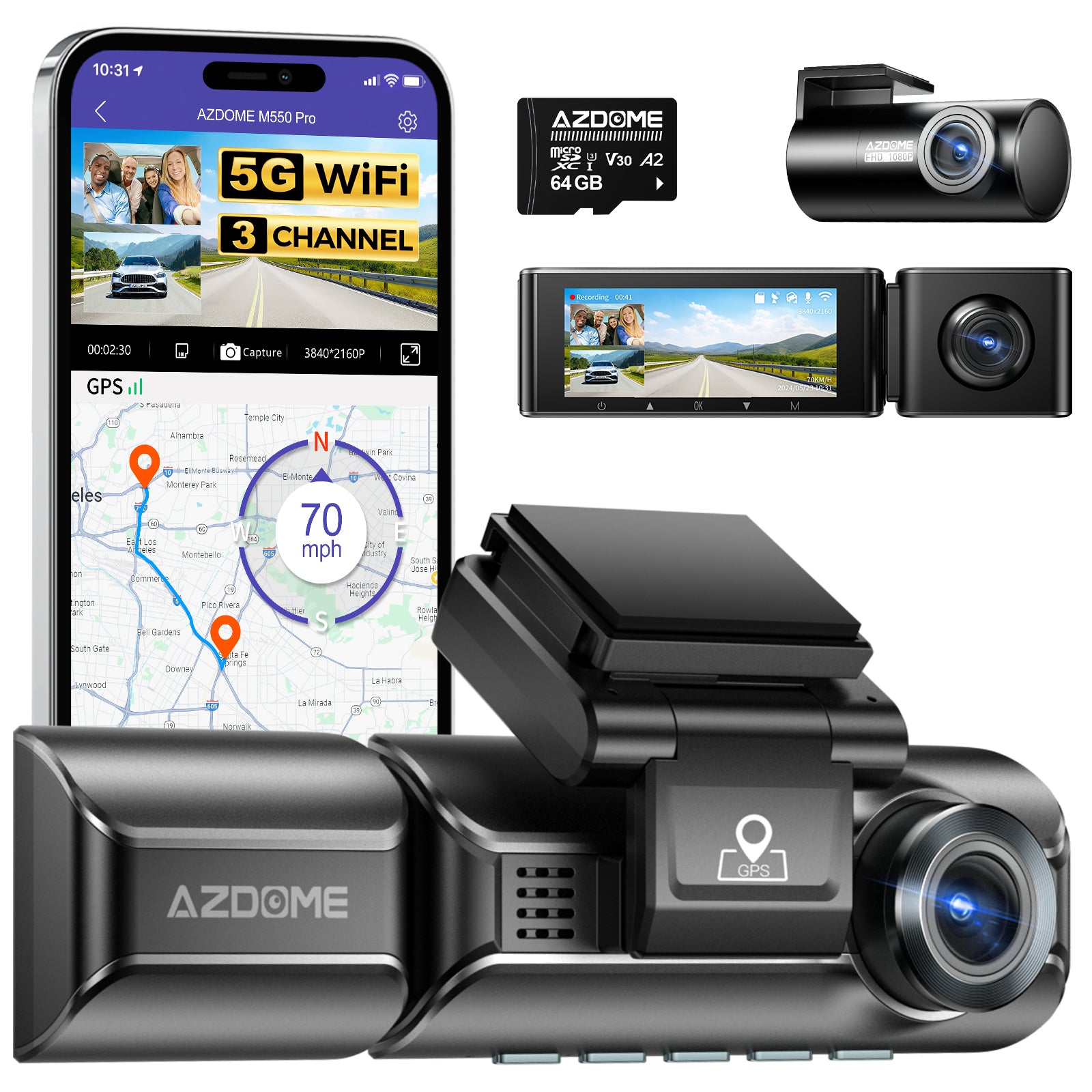 AZDOME M550 Pro 3CH Dash Cam 4K with 5G WiFi, 3.19" Screen IR Night Vision 24H Parking Mode - AZDOME Official Stores