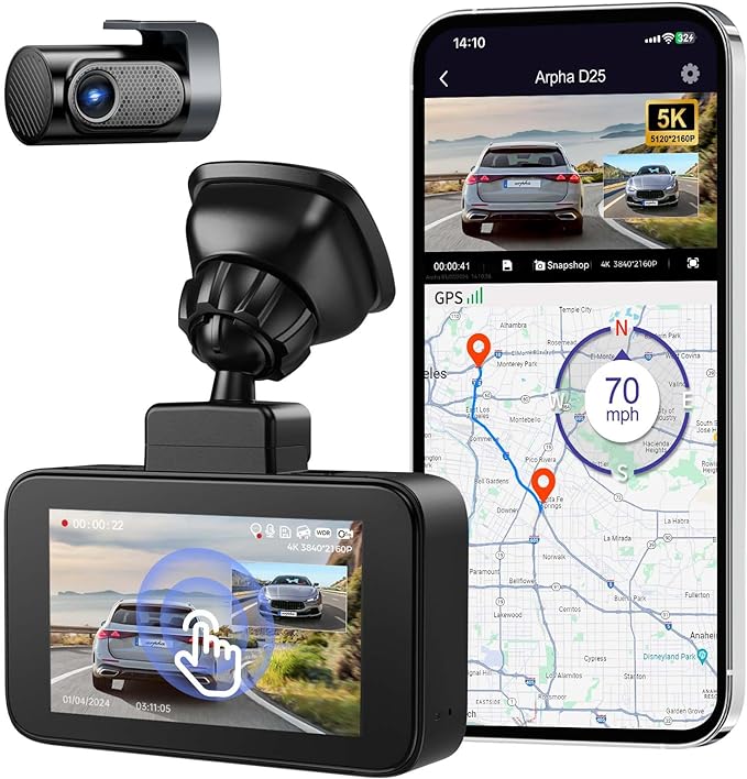 Arpha D25 2CH Dash Cam 5K with 128GB eMMC Voice Control 3'' Touch Screen