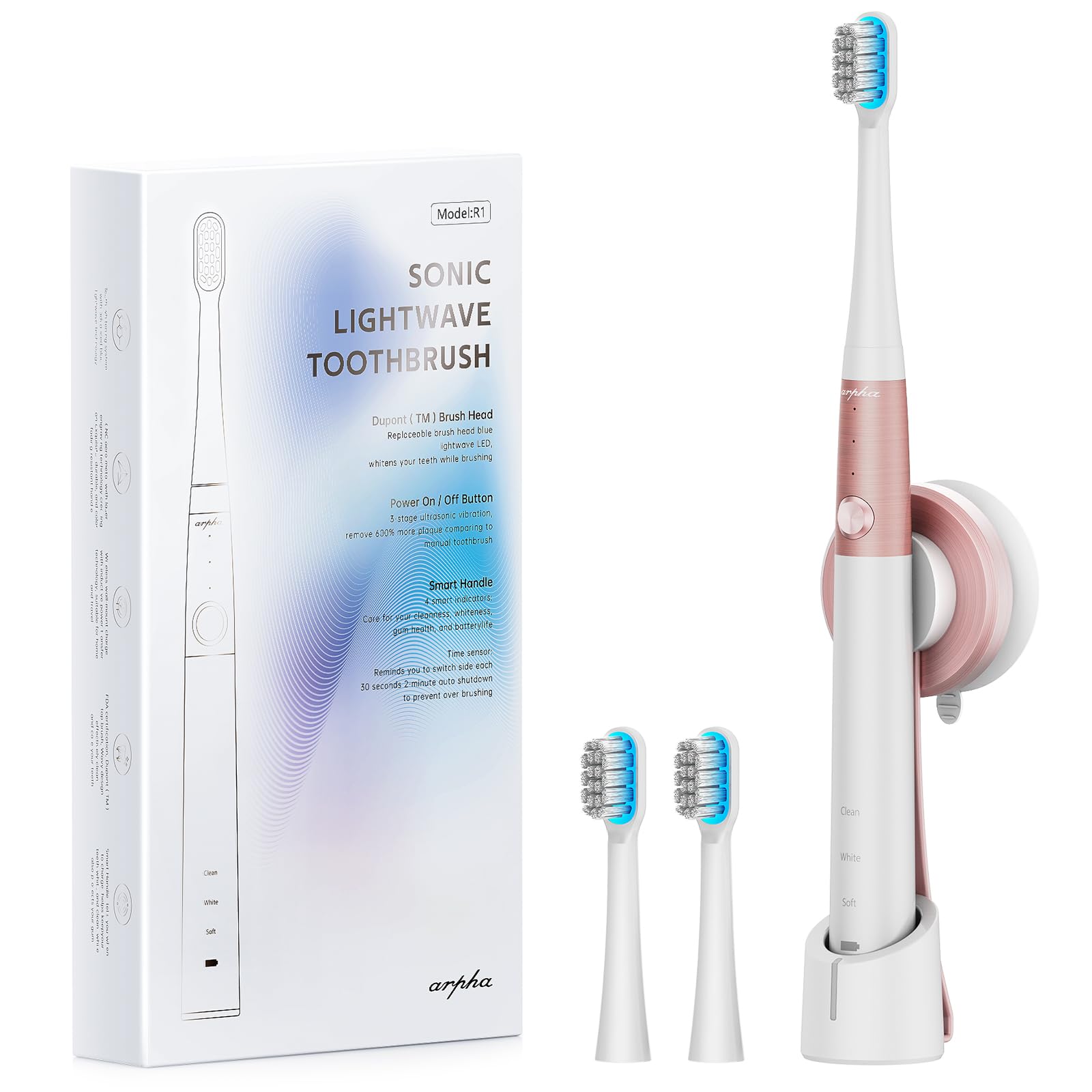 Arpha R1 Electric Toothbrush for Adults Ultrasonic Deep Clean Wireless Fast Charge 2 Brush Heads