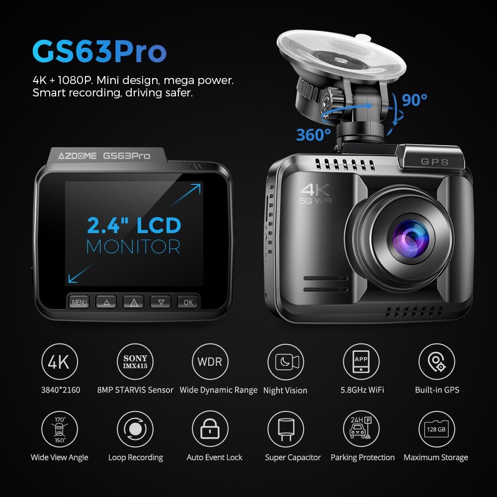AZDOME GS63 Pro 2CH Dash Cam 4K with Super Night Vision