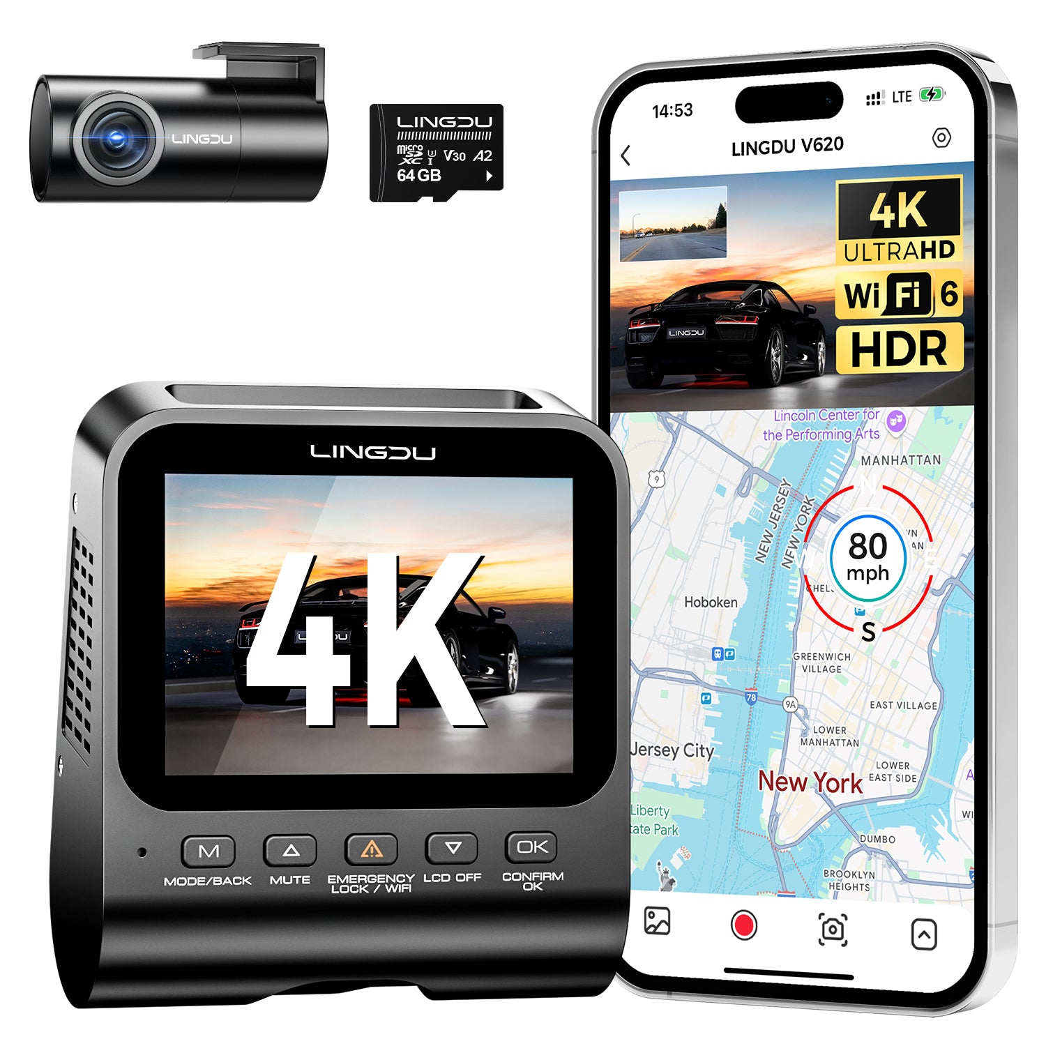 LINGDU V620 Front and Rear Dual Cameras for Cars, 2 Channel Dash Cam 4K Ultra HD Built-in WiFi 6& GPS, APP Control, Smart Voice Control ADAS WDR Night Vision