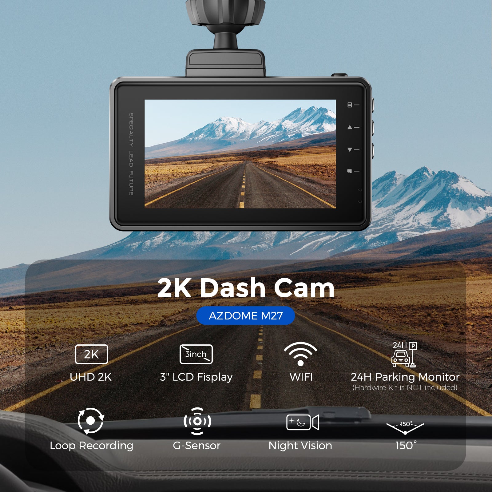 AZDOME M27 1CH Dash Cam 2K with  3" Display 24H Parking Mode