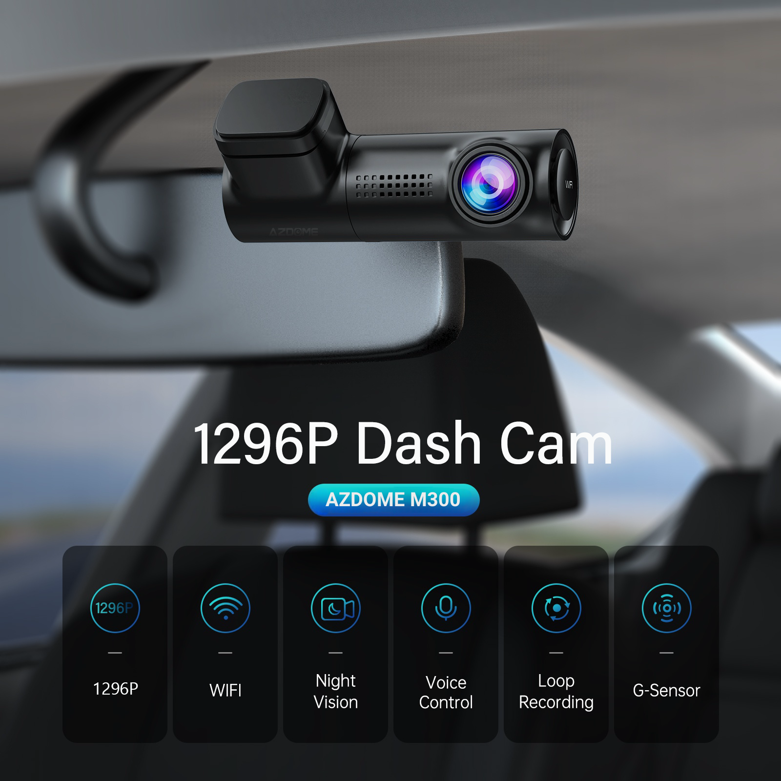 AZDOME M300 1CH Dash Cam 1296P with Voice Control 24H Parking Mode