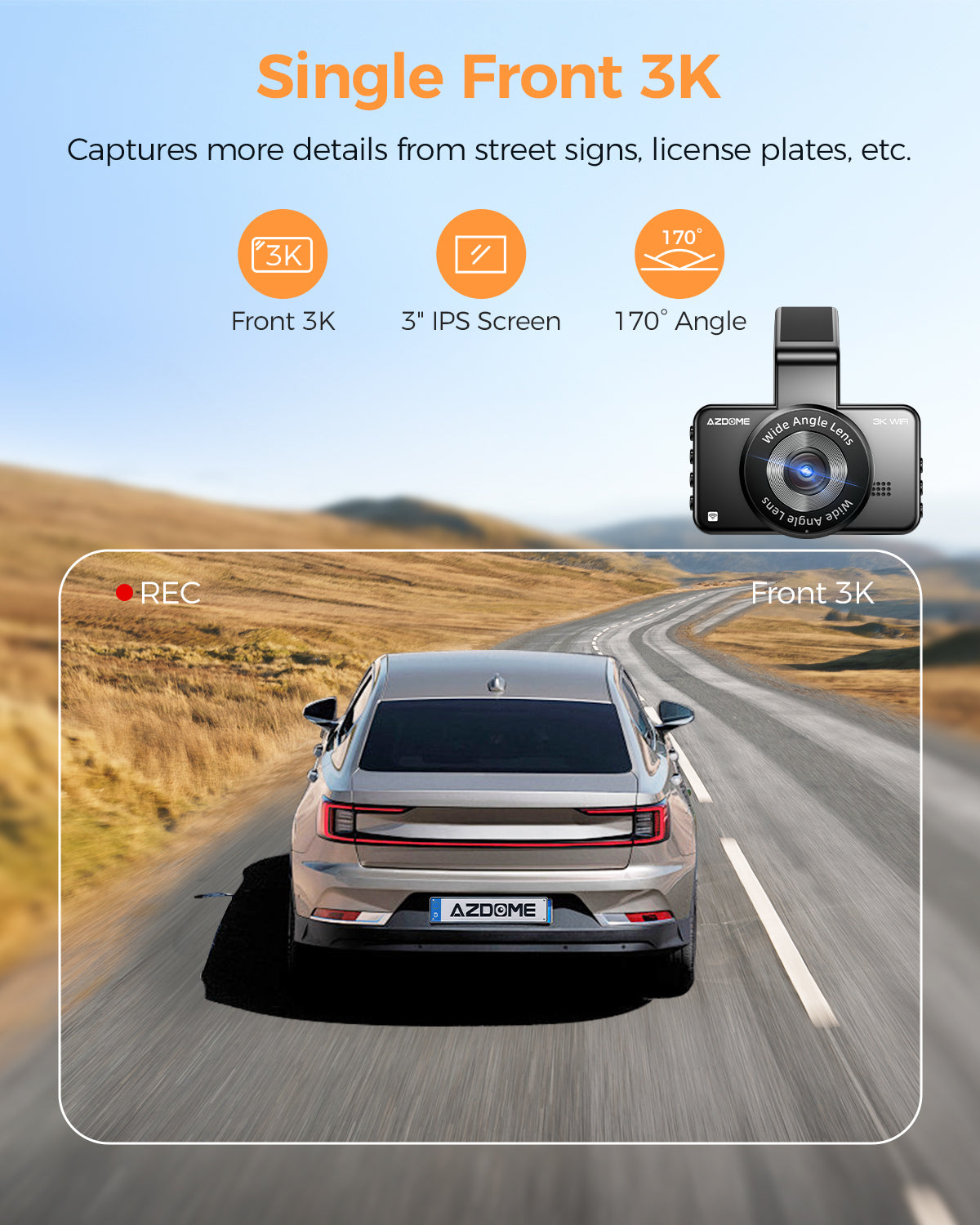 AZDOME M17 Pro Dash Cam - Voice-Activated, 3K Single Channel with 2K Front & 1K Rear Lenses, Super Night Vision, WiFi Enabled, App Control, Includes 64GB Card, Supports Up to 256G, Loop Recording & Emergency Lock - AZDOME Official Stores