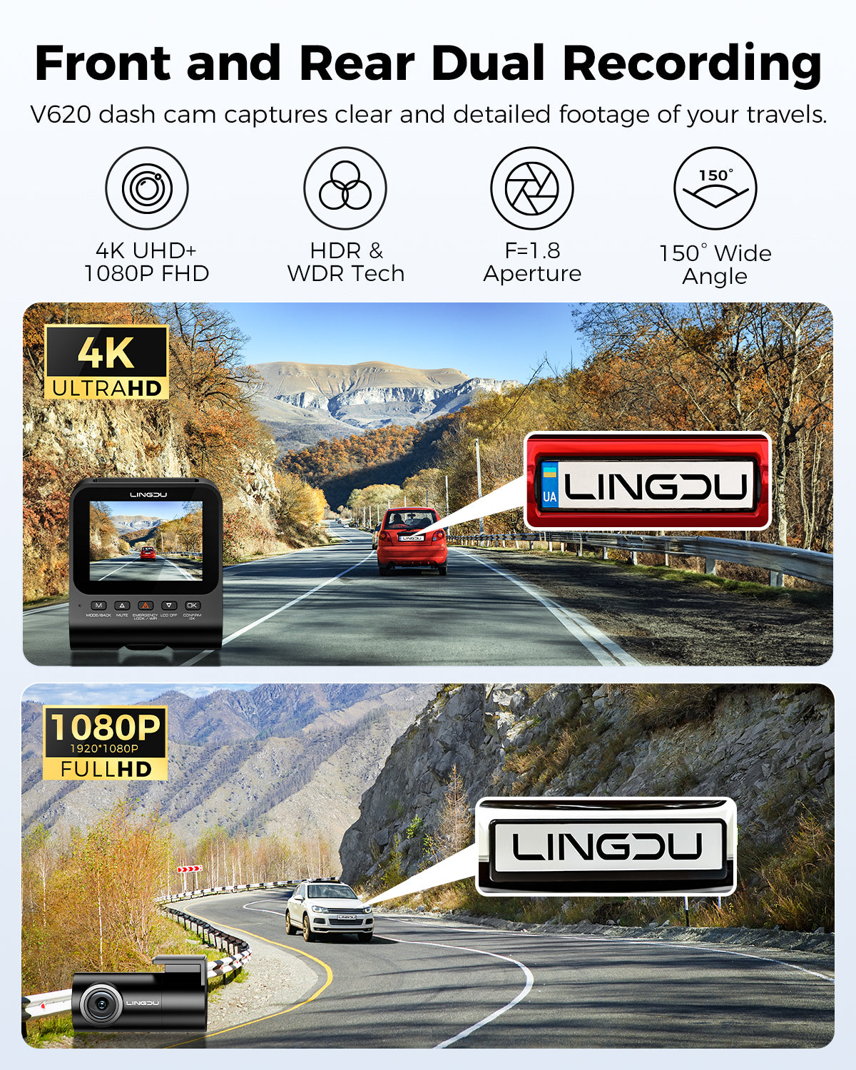 LINGDU V620 Front and Rear Dual Cameras for Cars, 2 Channel Dash Cam 4K Ultra HD Built-in WiFi 6& GPS, APP Control, Smart Voice Control ADAS WDR Night Vision