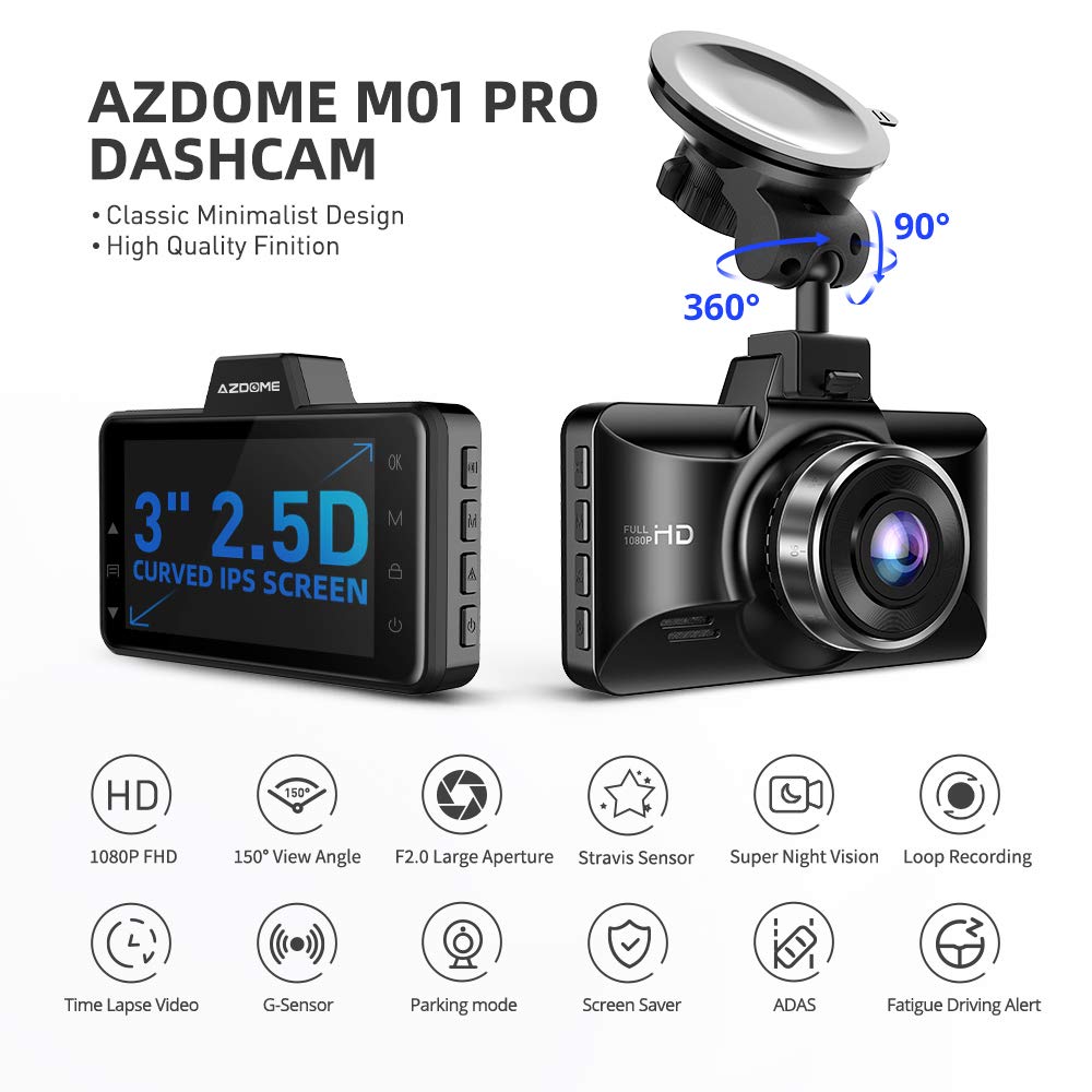 AZDOME M01 Pro 2CH Dash Cam 1080P with ADAS 3" Screen 24H Parking Mode