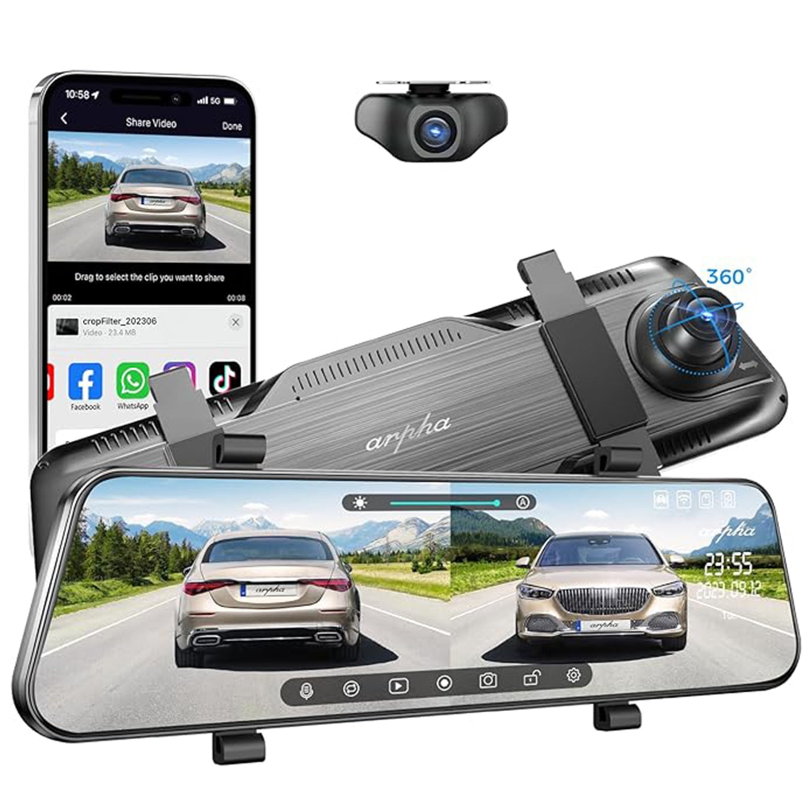 Arpha E21 2CH Mirror Dash Cam 1080P 10'' Touch Screen with 24H Parking Mode