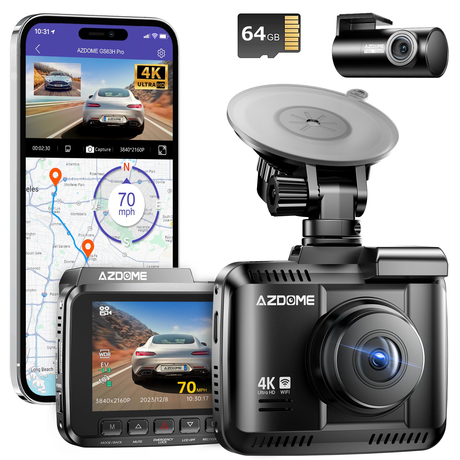 AZDOME GS63H Pro 2CH Dash Cam 4K with Super Night Vision 24H Parking Mode
