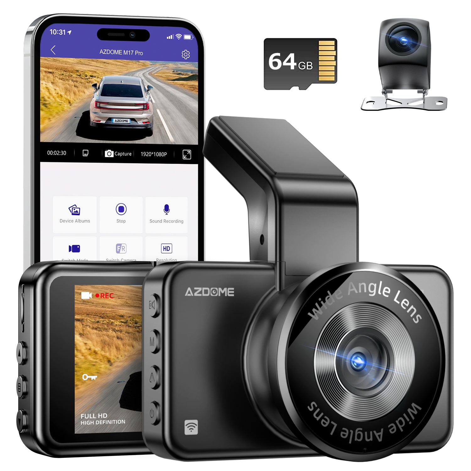 AZDOME M17 Pro Dash Cam - Voice-Activated, 3K Single Channel with 2K Front & 1K Rear Lenses, Super Night Vision, WiFi Enabled, App Control, Includes 64GB Card, Supports Up to 256G, Loop Recording & Emergency Lock - AZDOME Official Stores