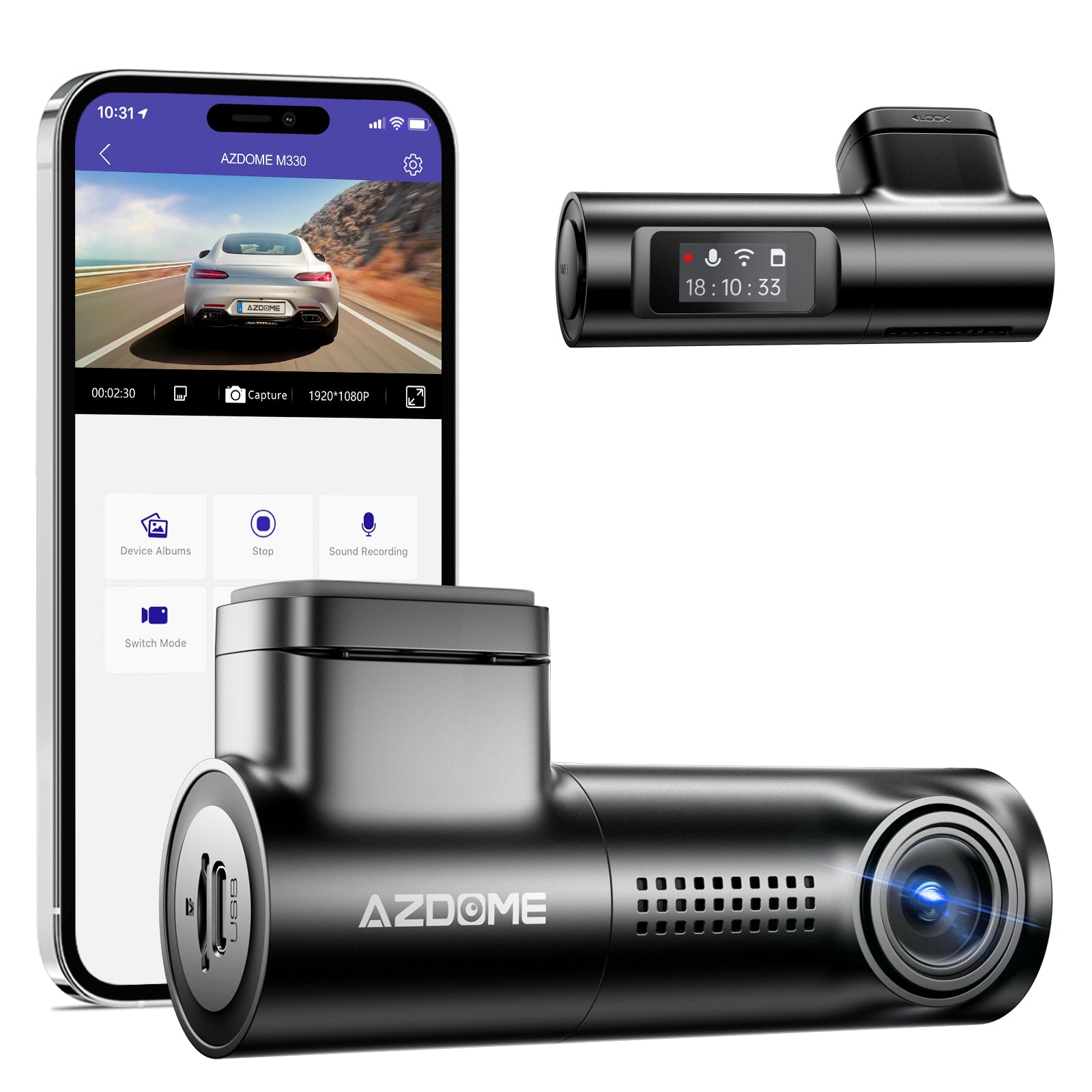 AZDOME M330 1CH Dash Cam 1080P with 0.96" Screen Voice Control 24H Parking Mode