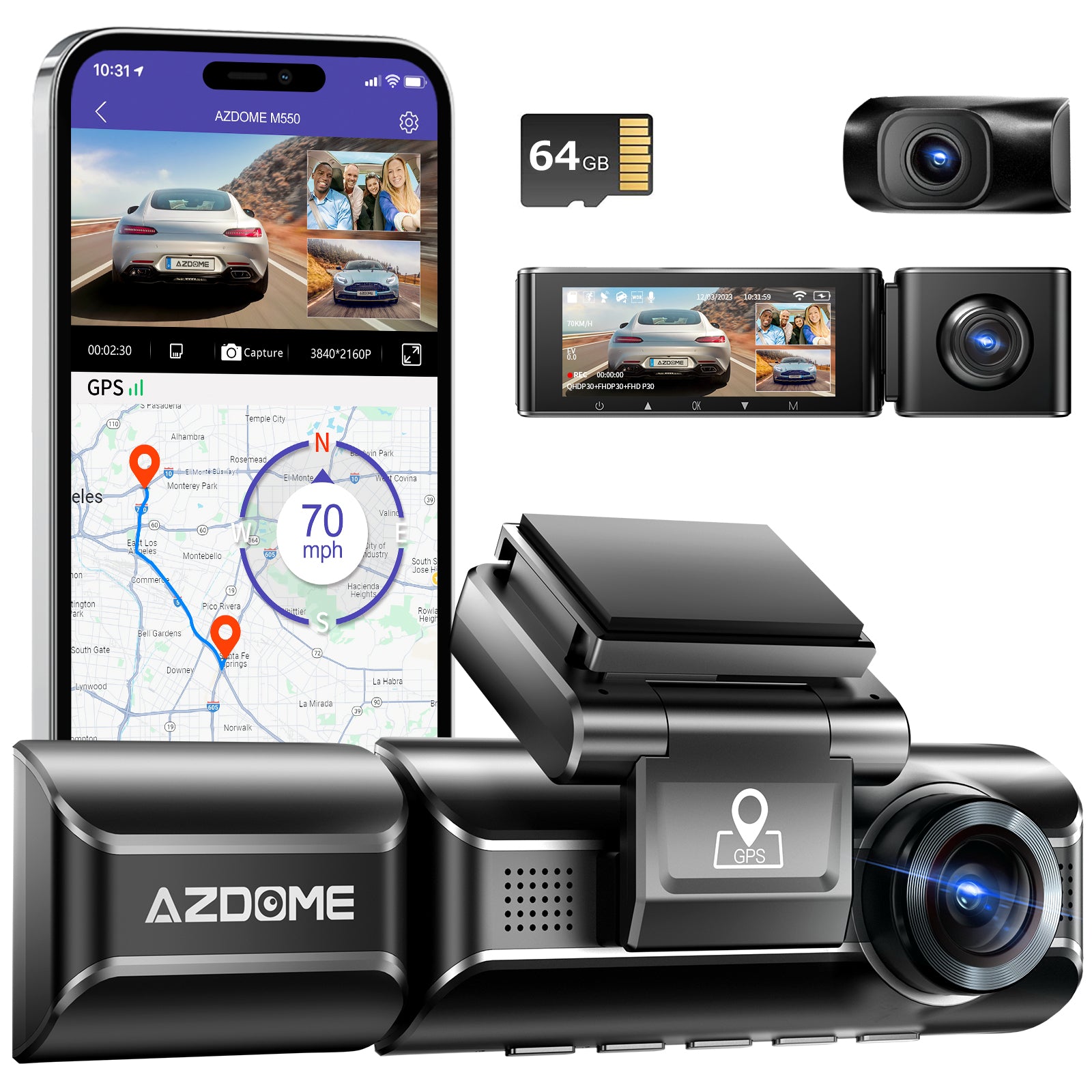 LANMODO 2 Channel D1 4K Dash Cam with 5G WiFi GPS App, Front 4K Inside 2.5