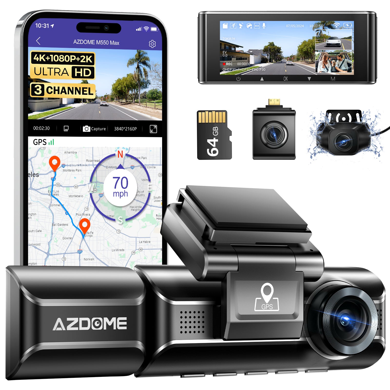 AZDOME M550 Max 3CH Dash Cam 4K with 3.19" Screen WDR Night Vision 24H Parking Mode