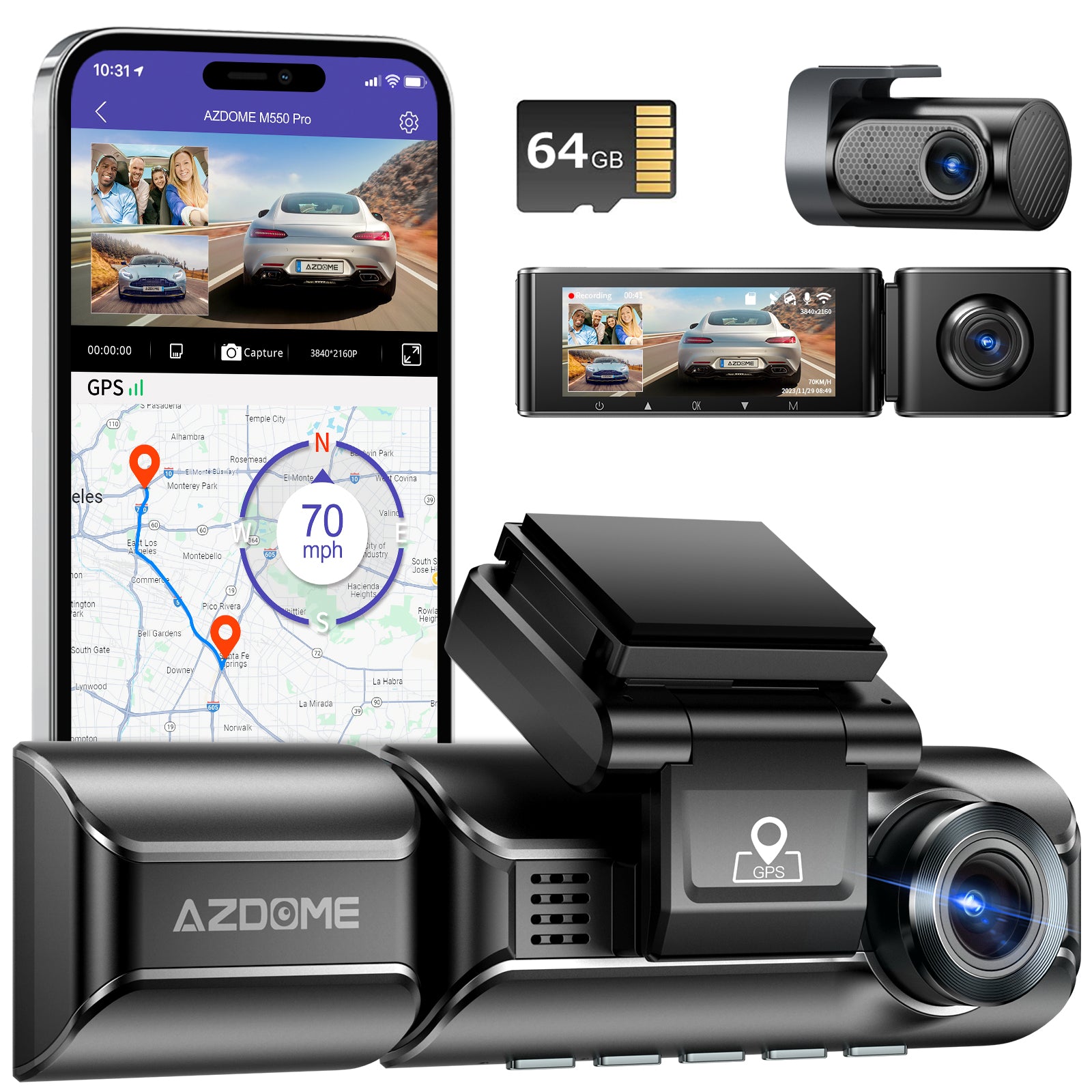 AZDOME M550 Pro 3CH Dash Cam 4K with  3.19" Screen IR Night Vision 24H Parking Mode