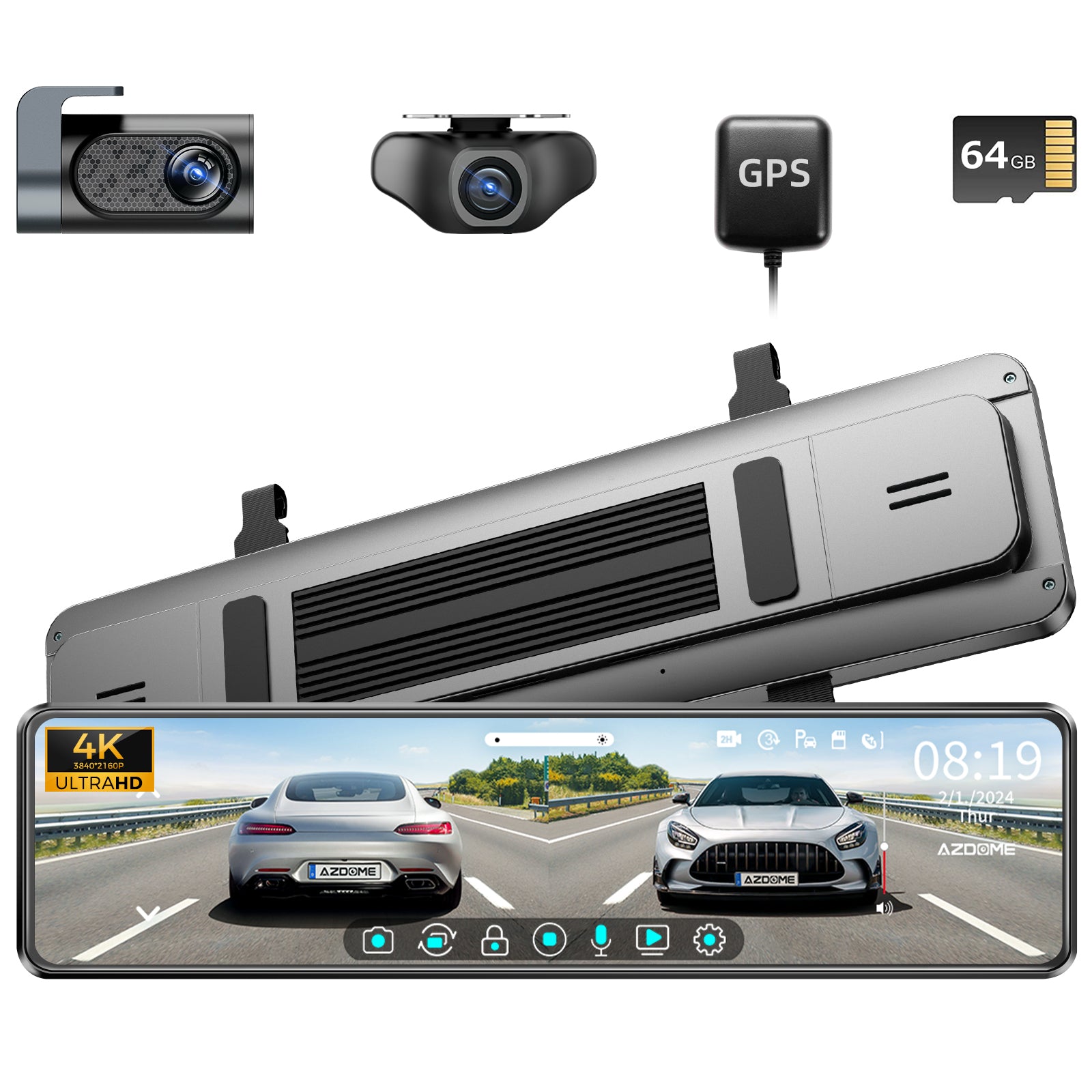 AZDOME PG18S 2CH Mirror Dash Cam 4K with 12" Touch Screen WDR Night Vision Parking Assistance