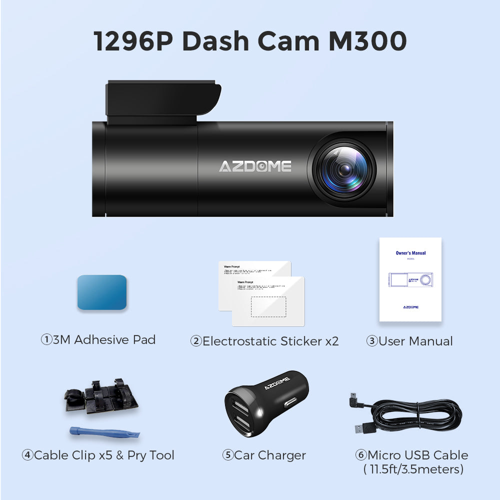 AZDOME M300 1CH Dash Cam 1296P with Voice Control 24H Parking Mode