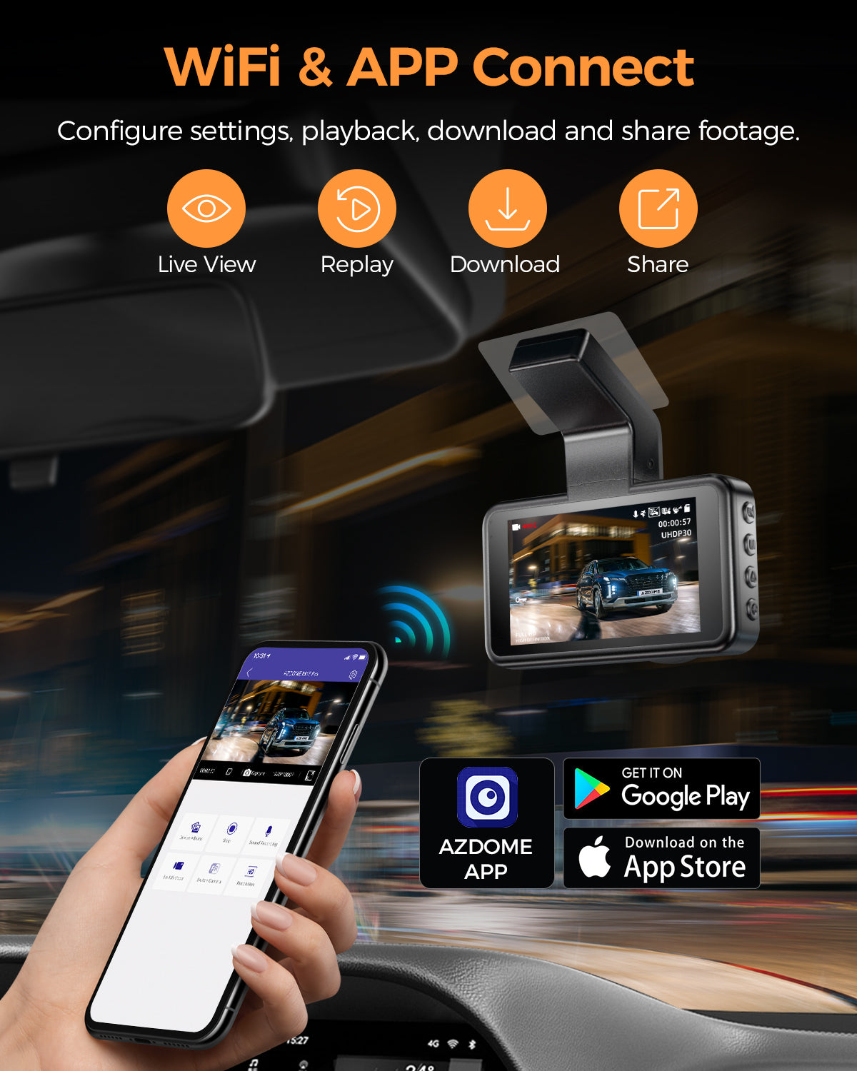 AZDOME M17 Pro Dash Cam - Voice-Activated, 3K Single Channel with 2K Front & 1K Rear Lenses, Super Night Vision, WiFi Enabled, App Control, Includes 64GB Card, Supports Up to 256G, Loop Recording & Emergency Lock