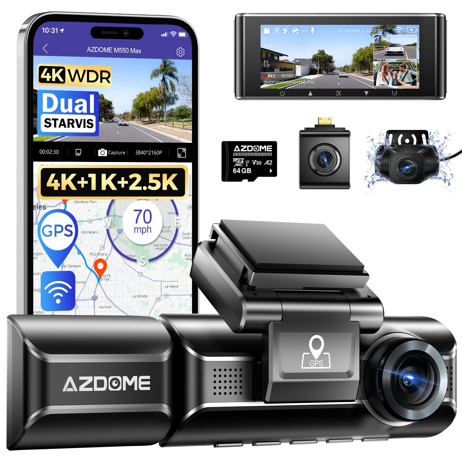 AZDOME M550 Max 3CH Dash Cam 4K with 3.19" Screen WDR Night Vision 24H Parking Mode - AZDOME Official Stores