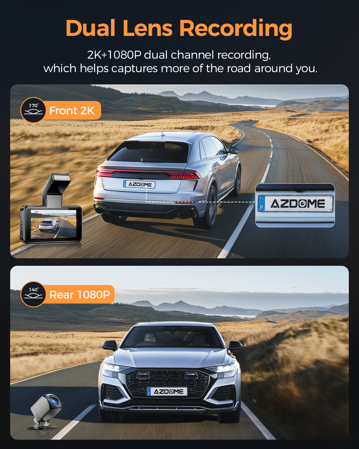 AZDOME M17 Pro Dash Cam - Voice-Activated, 3K Single Channel with 2K Front & 1K Rear Lenses, Super Night Vision, WiFi Enabled, App Control, Includes 64GB Card, Supports Up to 256G, Loop Recording & Emergency Lock