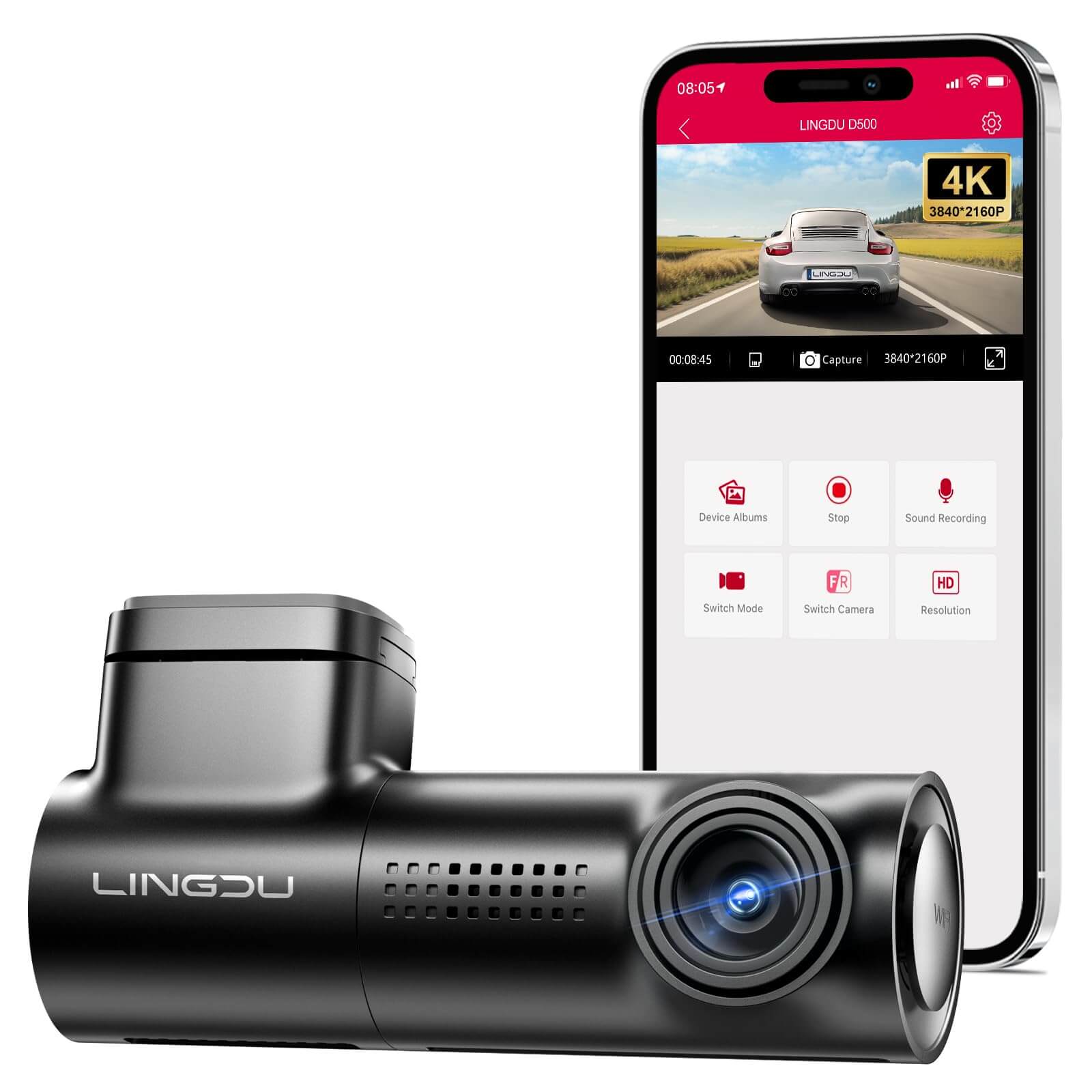 LINGDU D500 1CH Dash Cam 4K with 0.96" Screen Voice Control 24H Parking Mode