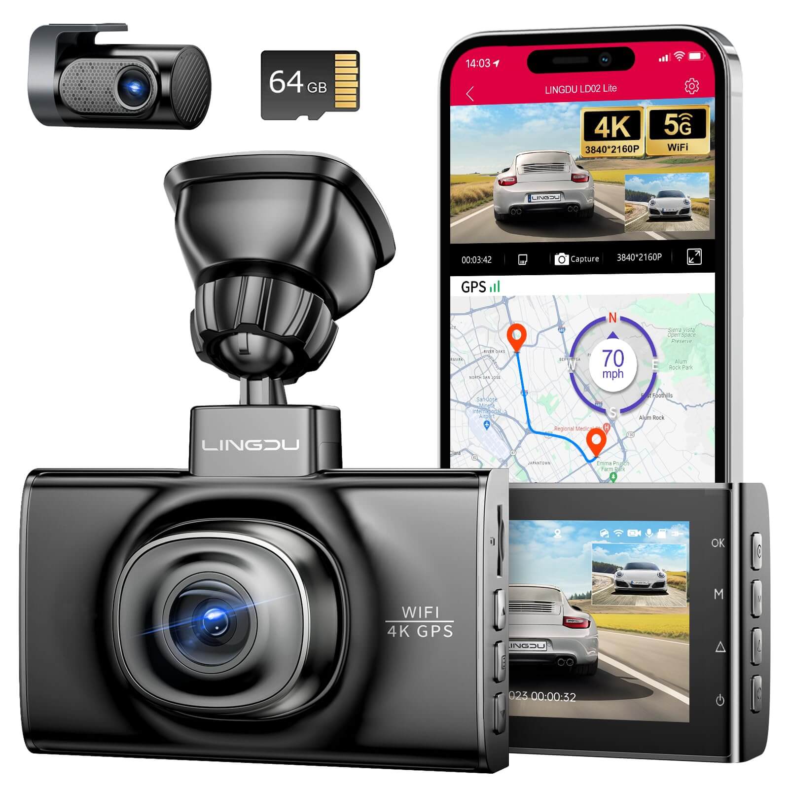 LINGDU LD02 Lite 2CH Dash Cam 4K with 3" Screen Voice Control WDR Night Vision 24H Parking Mode