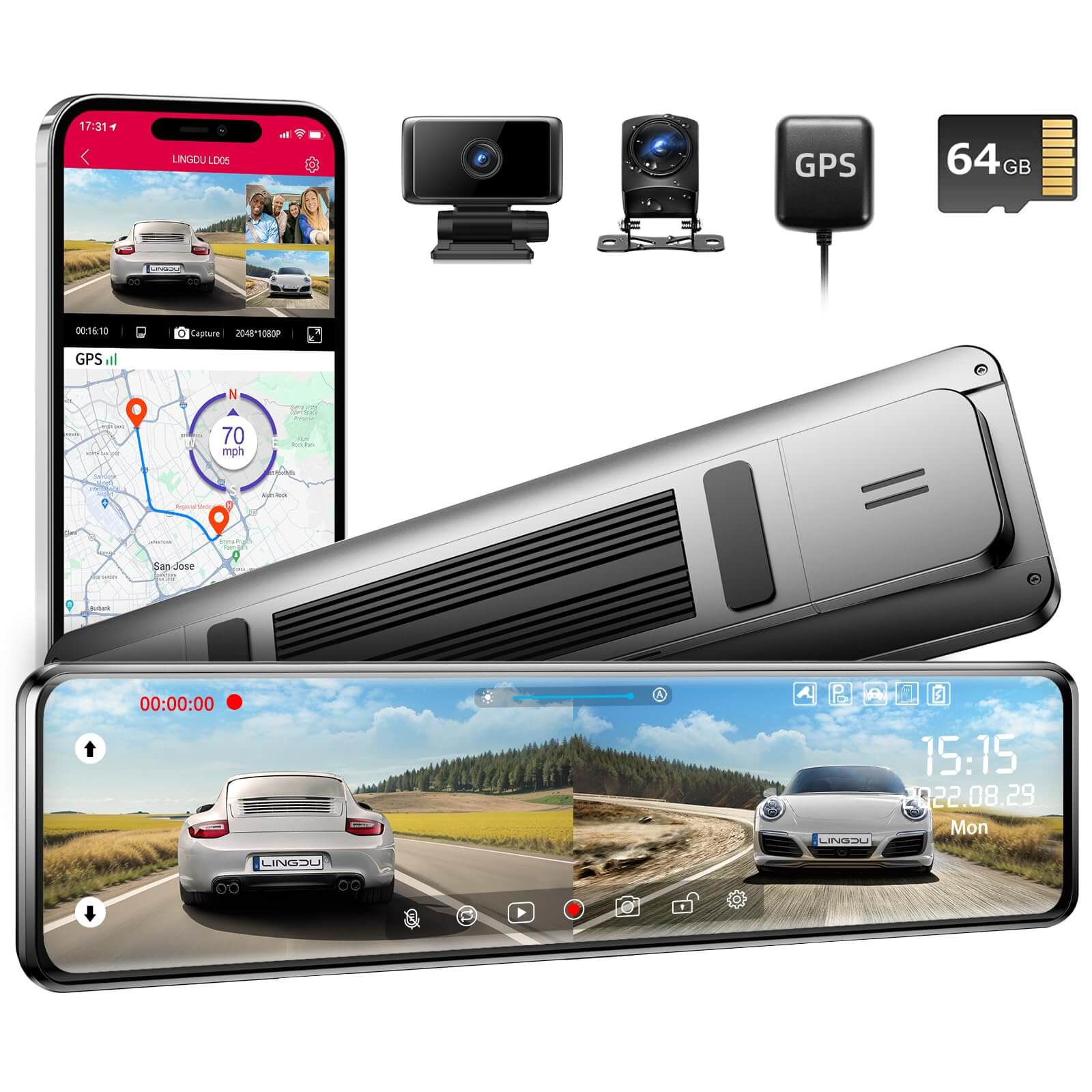 LINGDU LD05 2CH Mirror Dash Cam 2K with 12" Touch Screen Super Night Vision No battery