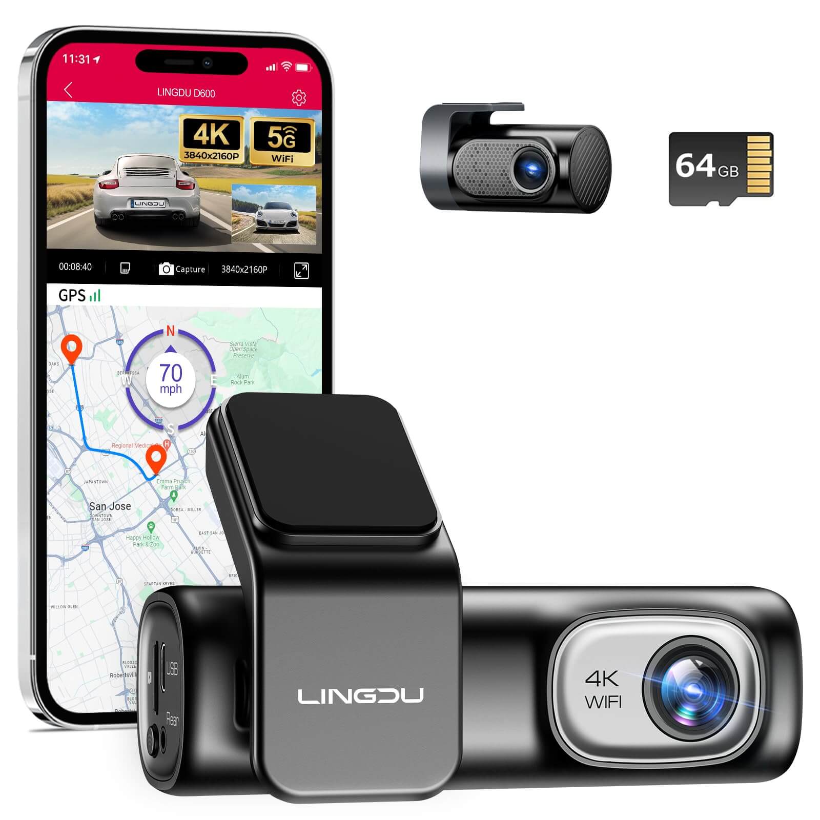 LINGDU D600 2CH Dash Cam 4K with 0.96" Screen Voice Control 24H Parking Mode