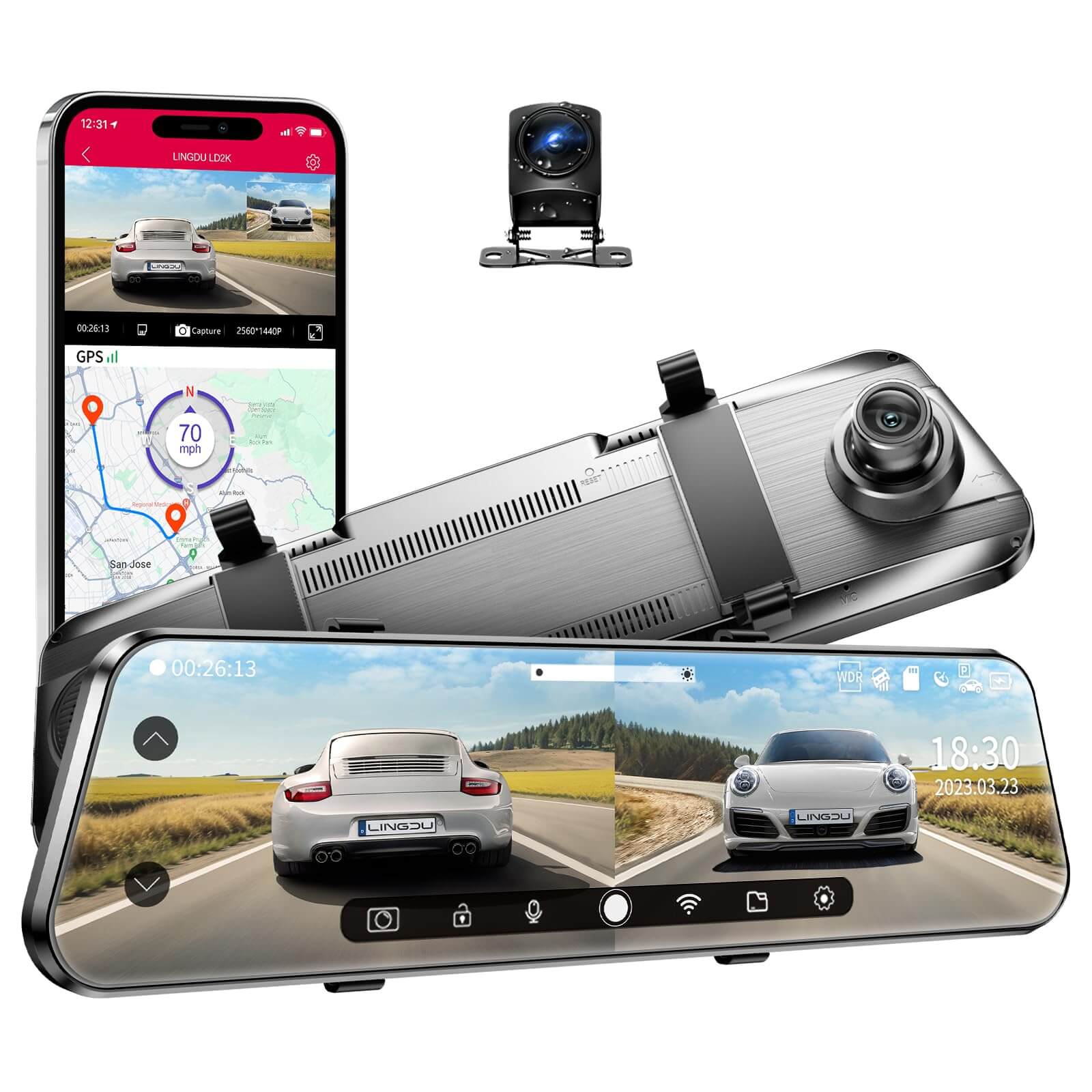 LINGDU LD2K 2CH Mirror Dash Cam 2.5K with 10" Touch Screen WDR Night Vision 24H Parking Mode